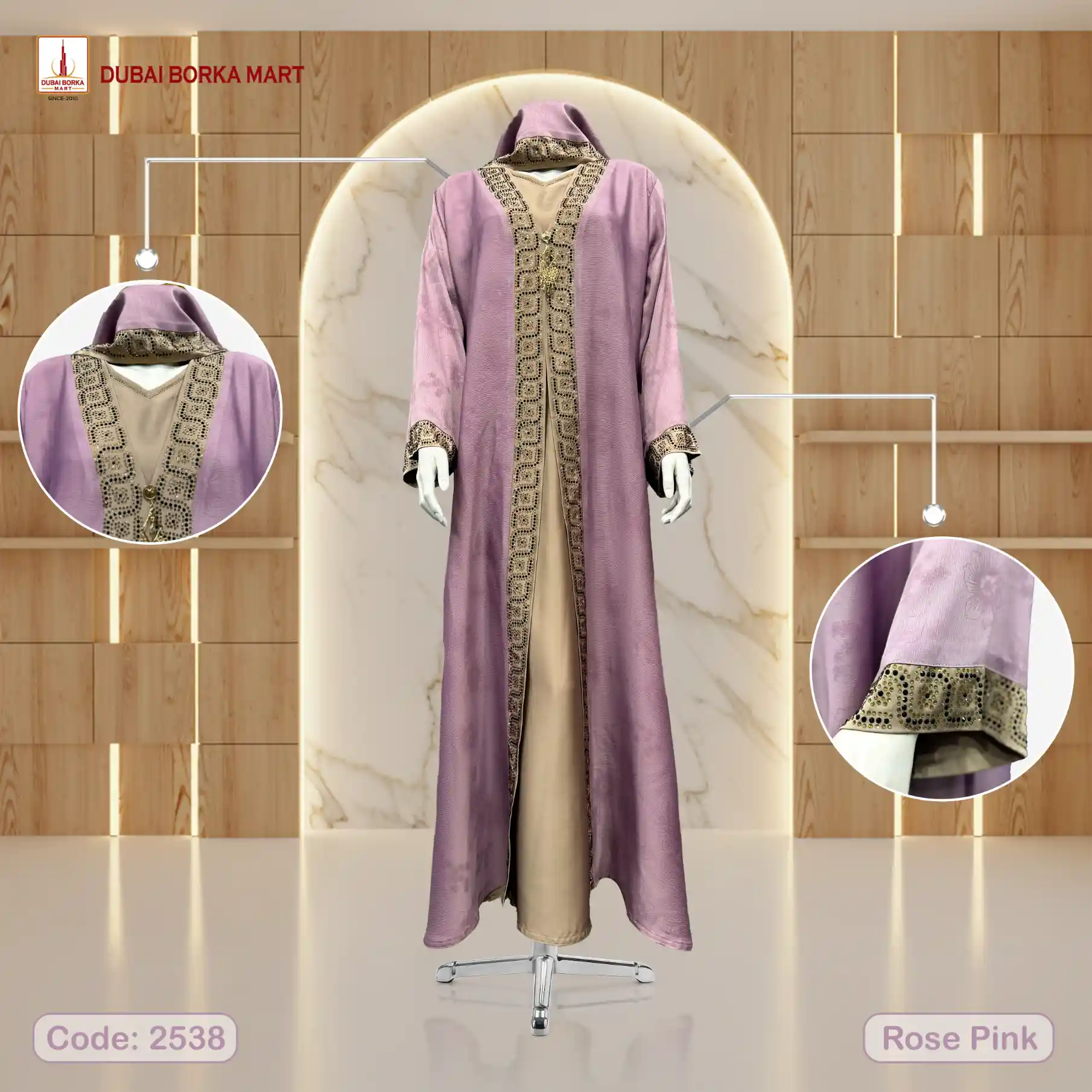 Premium Printed Saffron Fabrics Extra Koti Borka With DMC Stone Work- Code: 2538, Rose Pink