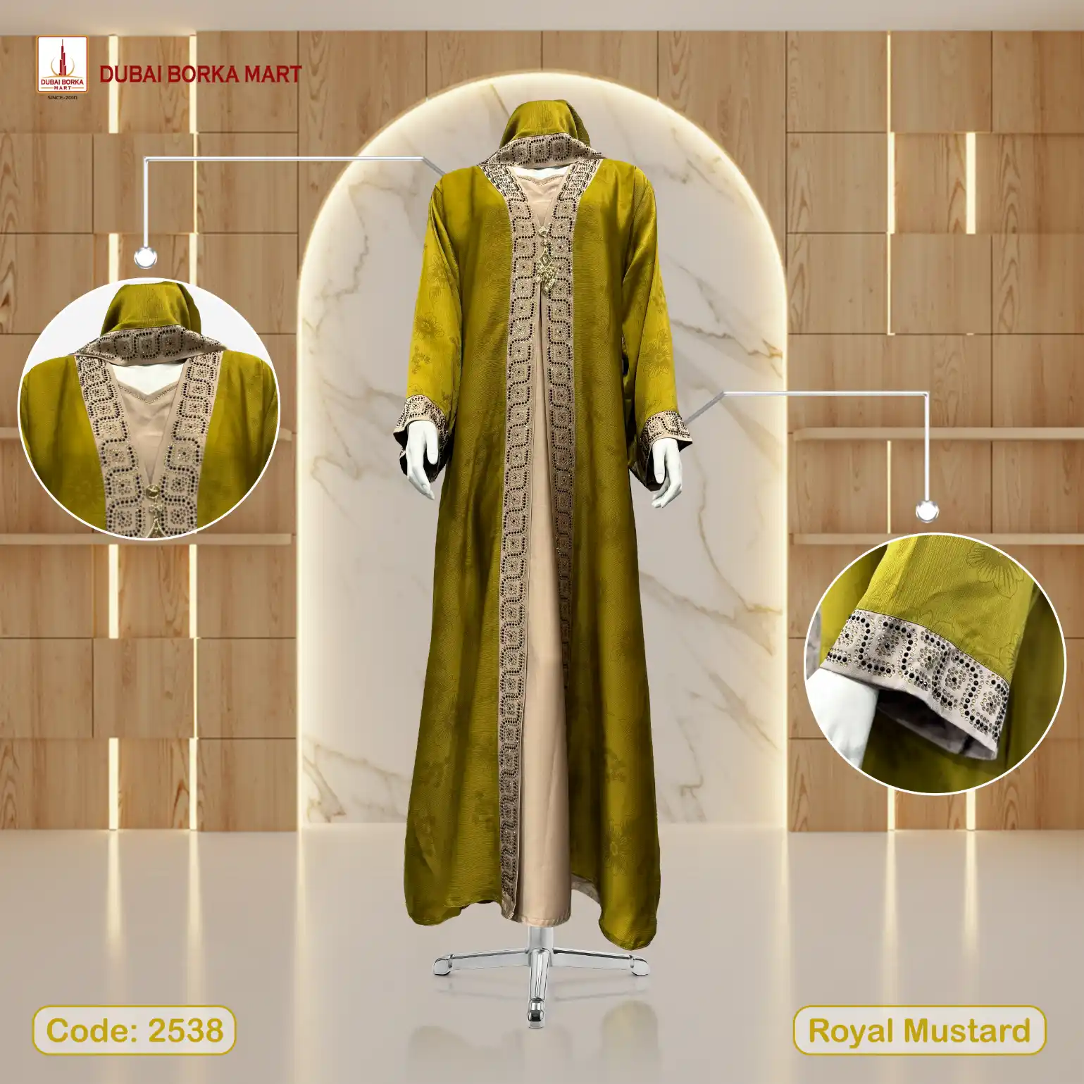 Premium Printed Saffron Fabrics Extra Koti Borka With DMC Stone Work- Code: 2538, Royal Mustard