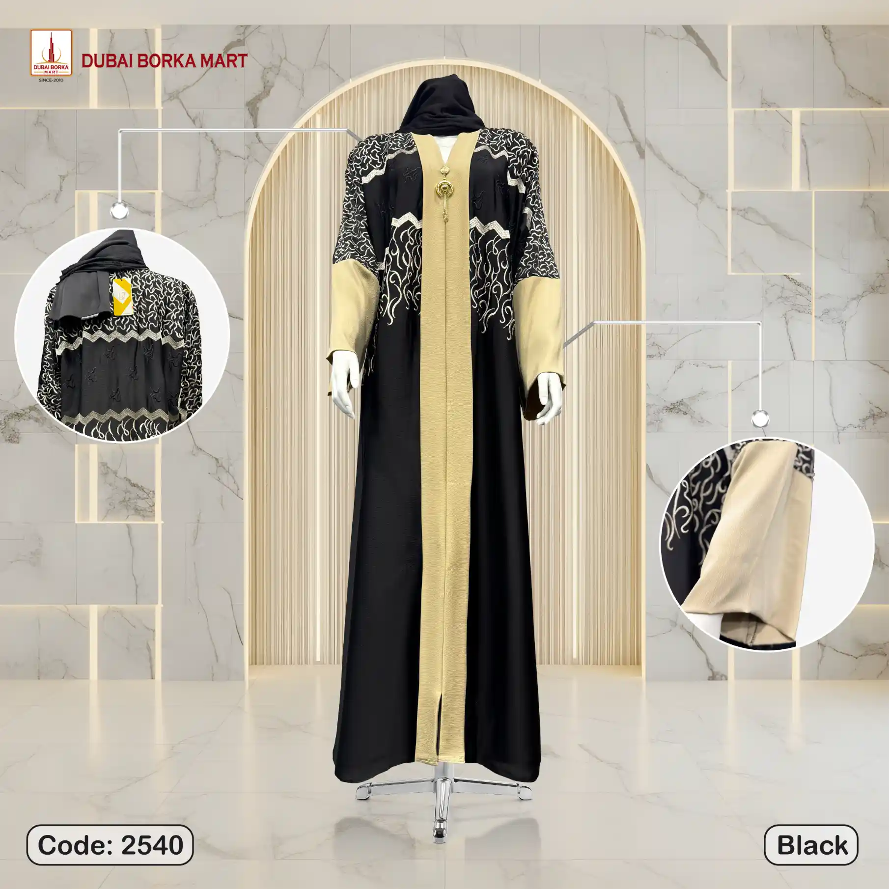 New Saffron Fabrics Contrast Borka Design With Full Embroidery Work- Code: 2540, Black