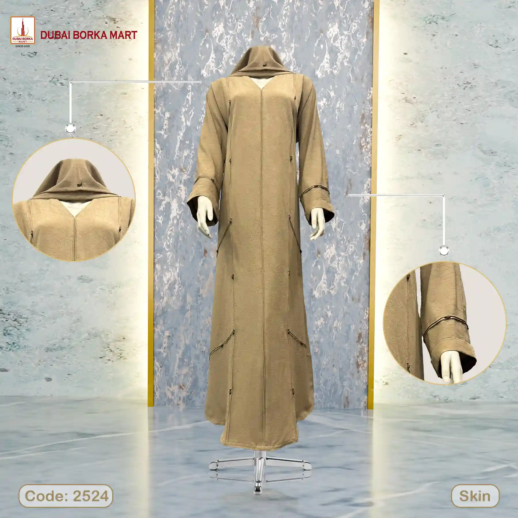 Dubai Arrowa Fabrics Borka With Karchupi Work, Code: 2524, Skin