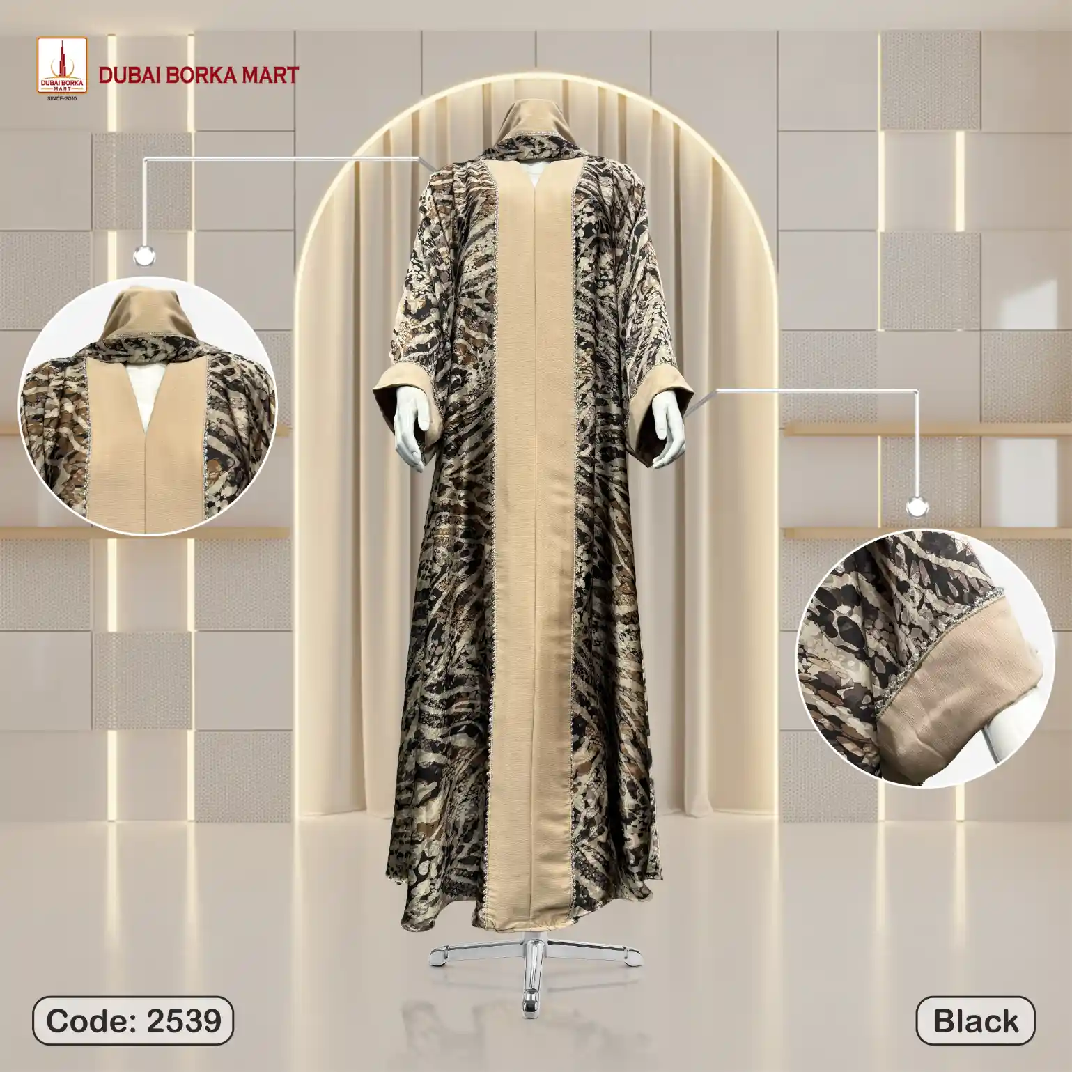 New Malaysian Silk Printed Fabrics Contrast Borka With Korean Karchupi Matching Lace- Code: 2539, Black