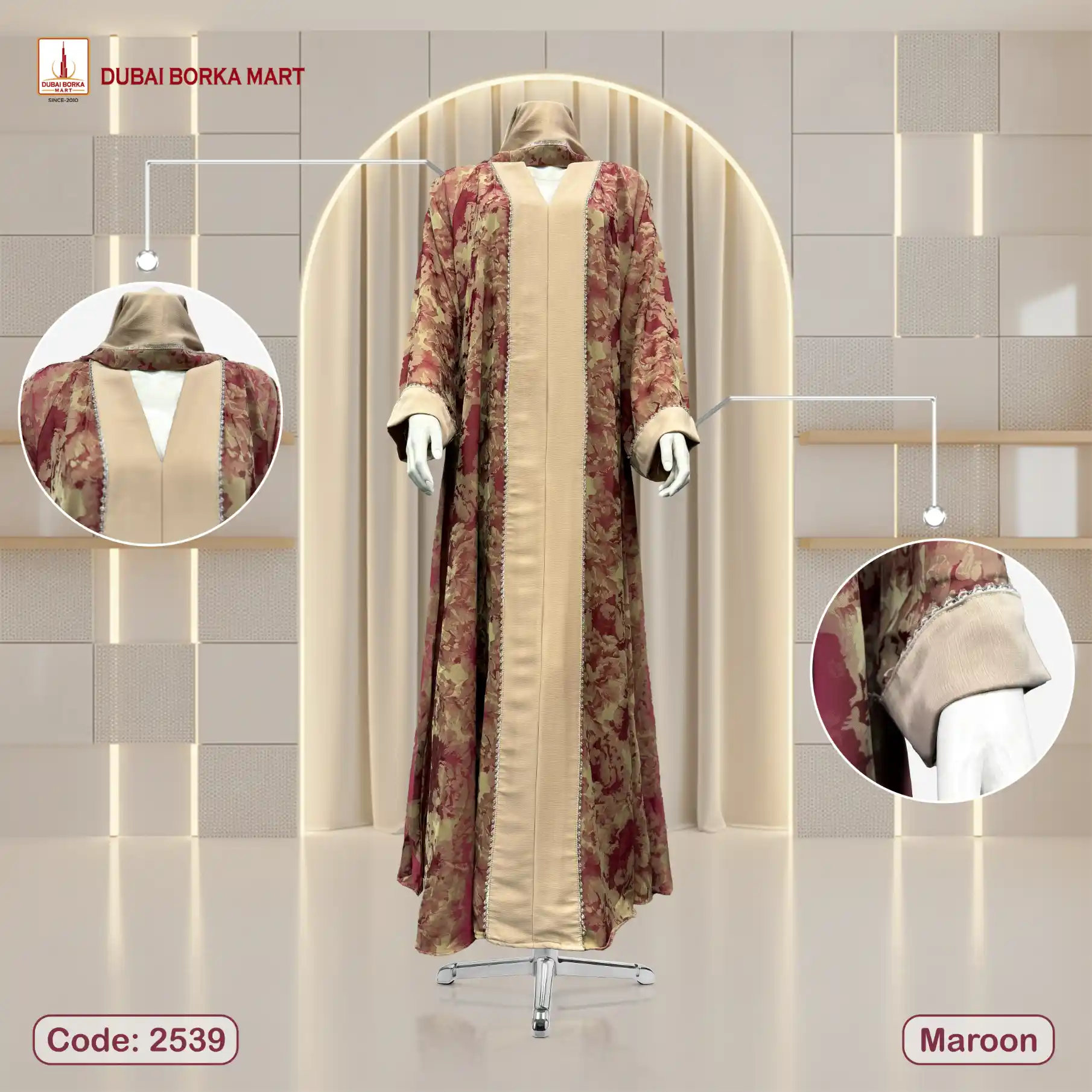 New Malaysian Silk Printed Fabrics Contrast Borka With Korean Karchupi Matching Lace- Code: 2539, Maroon