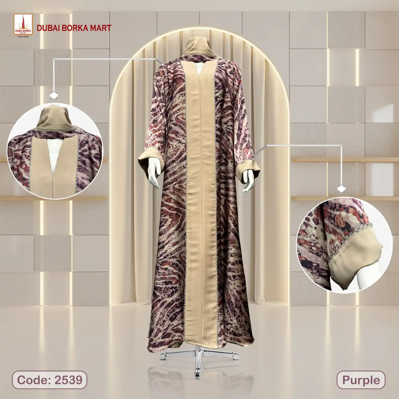 New Malaysian Silk Printed Fabrics Contrast Borka With Korean Karchupi Matching Lace- Code: 2539, Purple