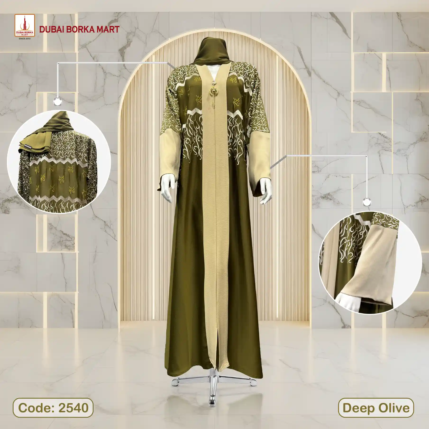 New Saffron Fabrics Contrast Borka Design With Full Embroidery Work- Code: 2540, Deep Olive