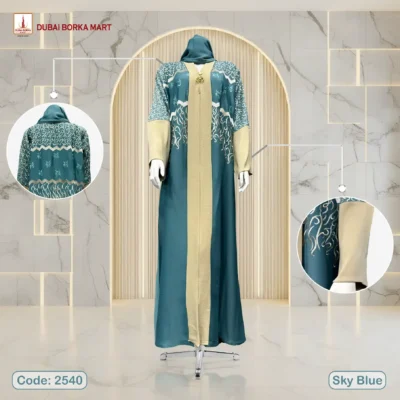 New Saffron Fabrics Contrast Borka Design With Full Embroidery Work- Code: 2540, Sky Blue