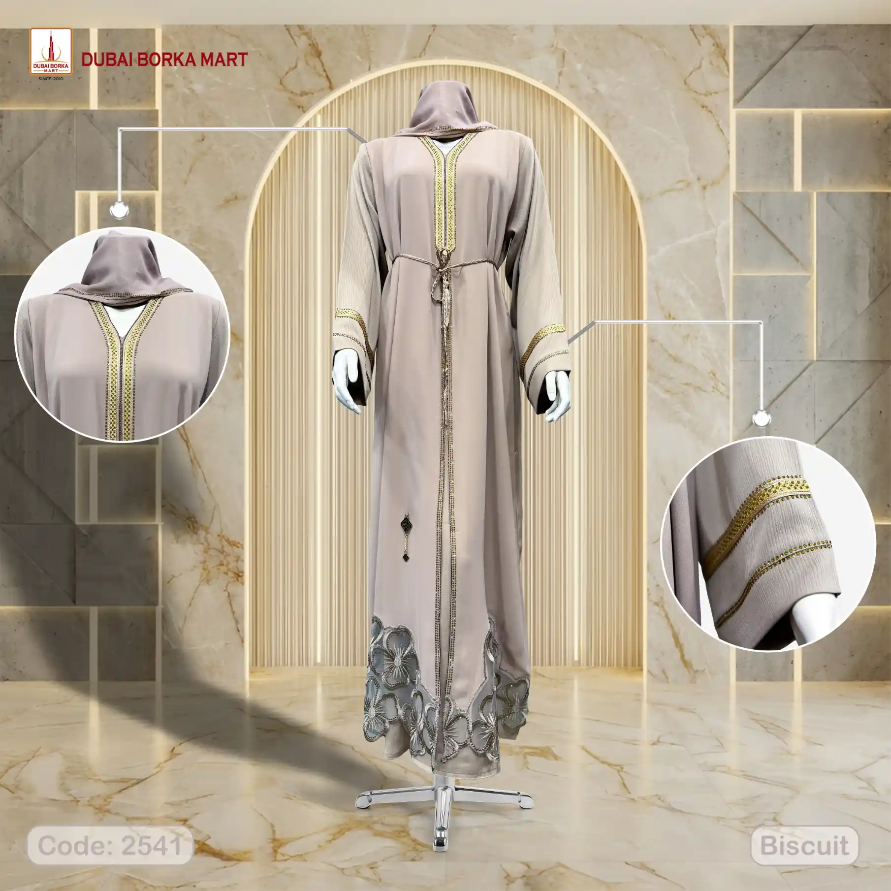 Dubai Imported Exclusive Borka in Premium Georgette Chiffon & Zoom Fabric with DMC Stone Work – Code: 2541, Biscuit