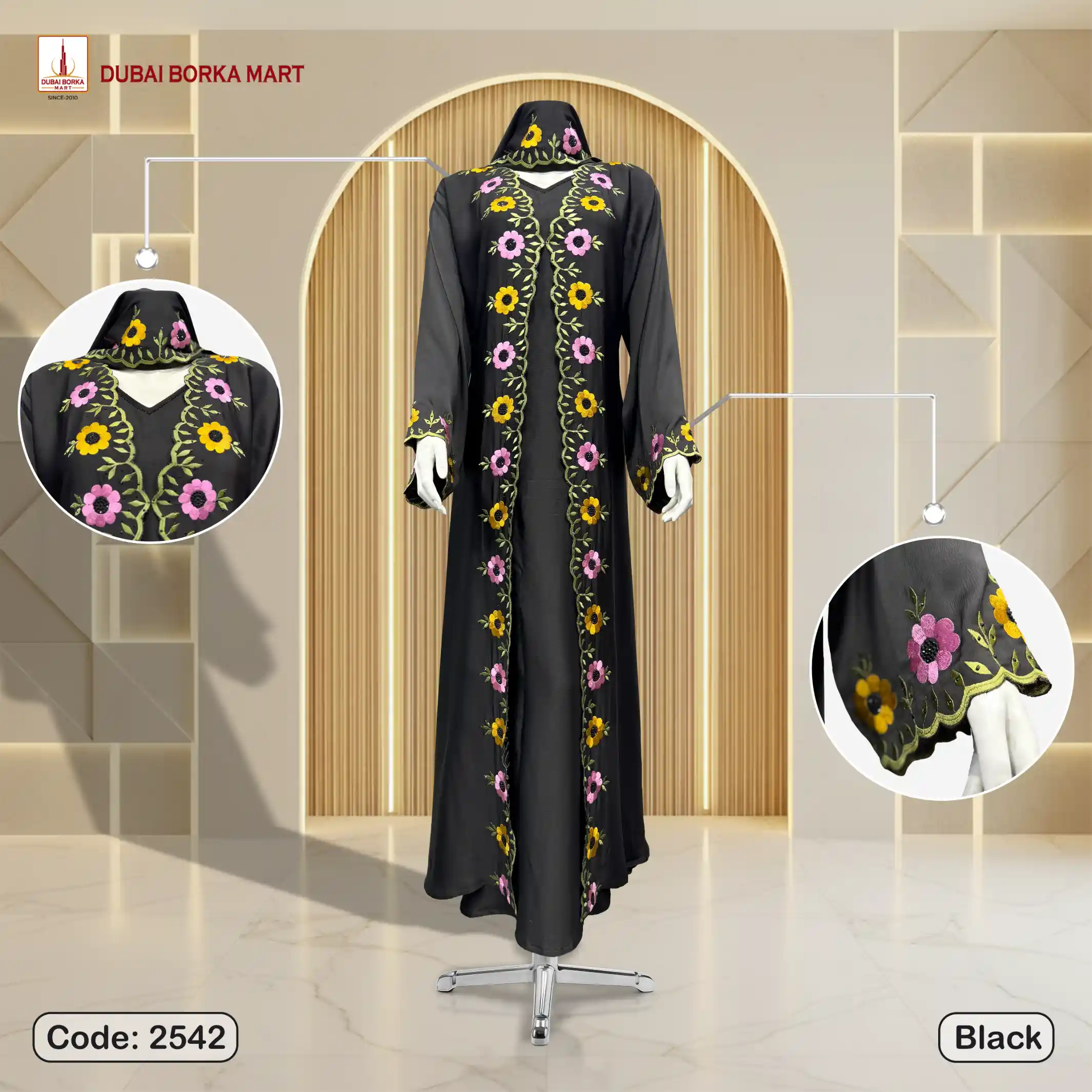 Premium Saffron Fabrics Borka With Luxury Handmade Embroidery Work – Code: 2542, Black