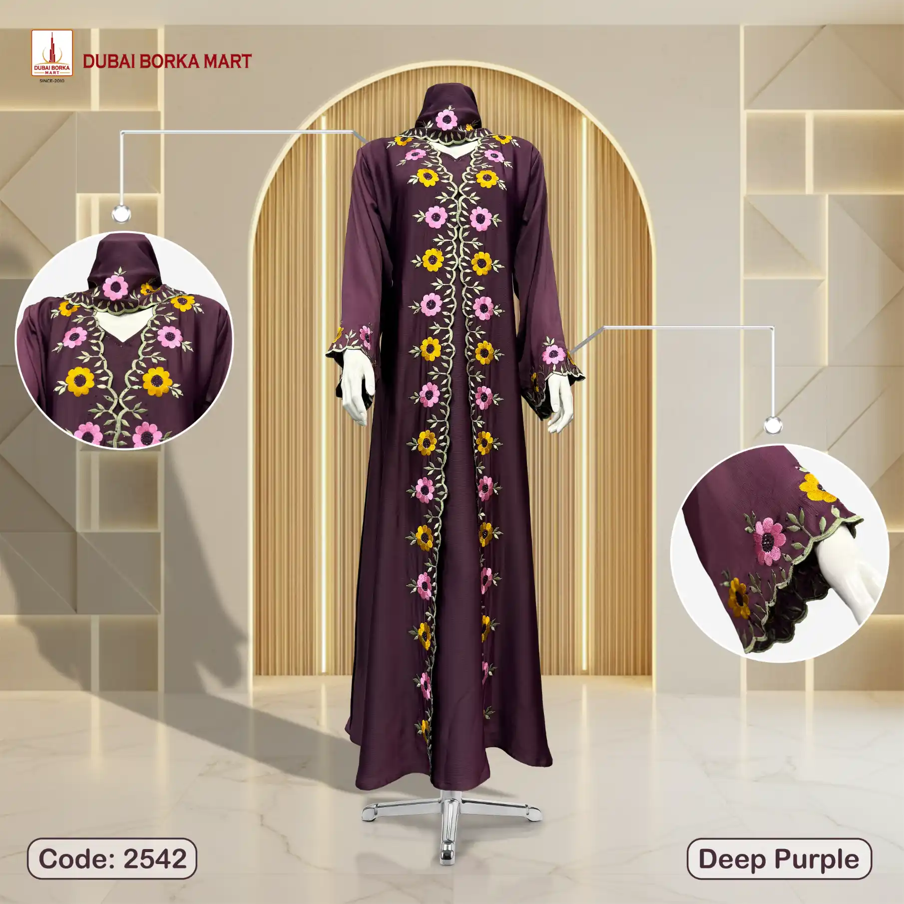 Premium Saffron Fabrics Borka With Luxury Handmade Embroidery Work – Code: 2542, Deep Purple