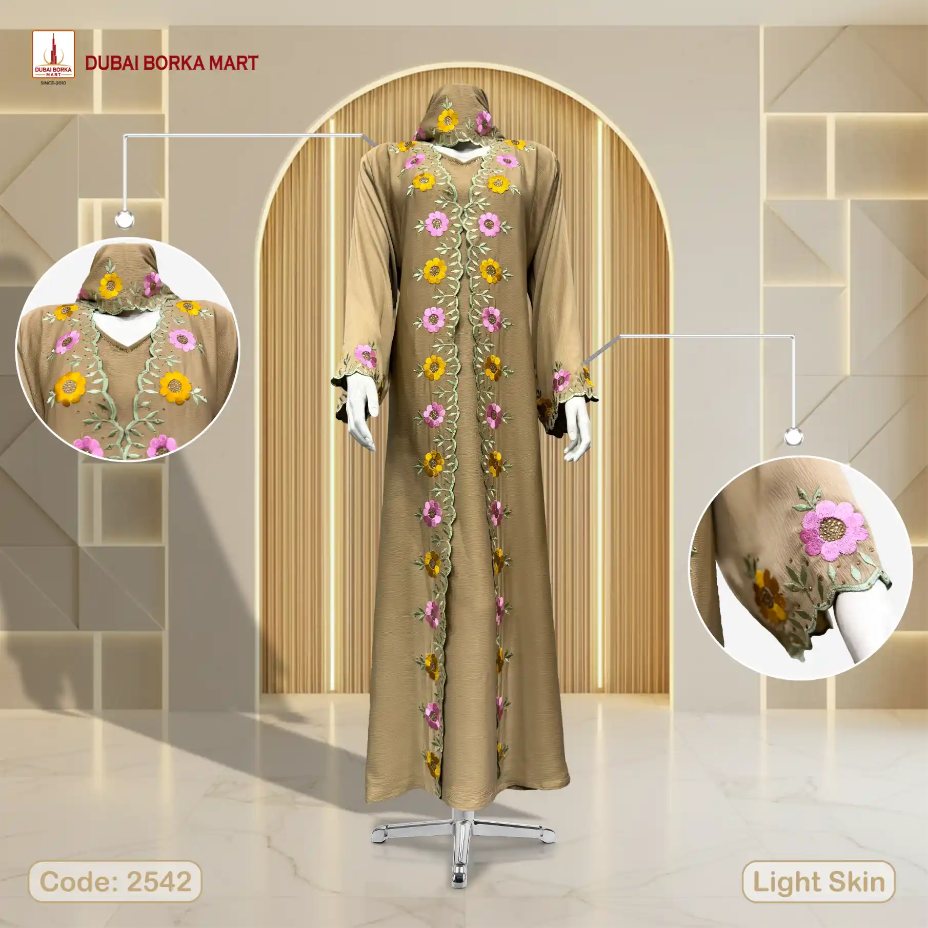 Premium Saffron Fabrics Borka With Luxury Handmade Embroidery Work – Code: 2542, Light Skin