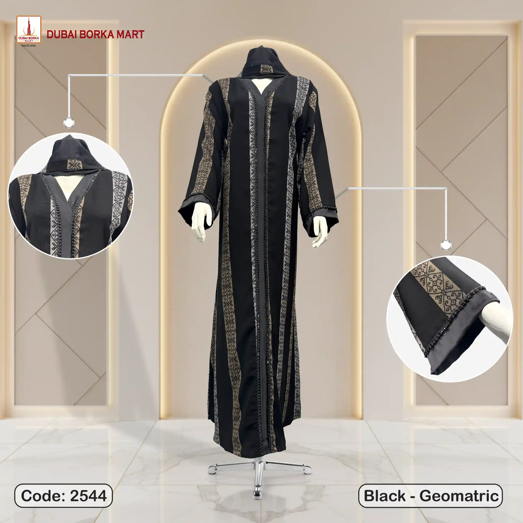 Exclusive Arabic Geomatric Fabric Borka Embellished With Luxury Korean Crystal Lace - Code: 2544