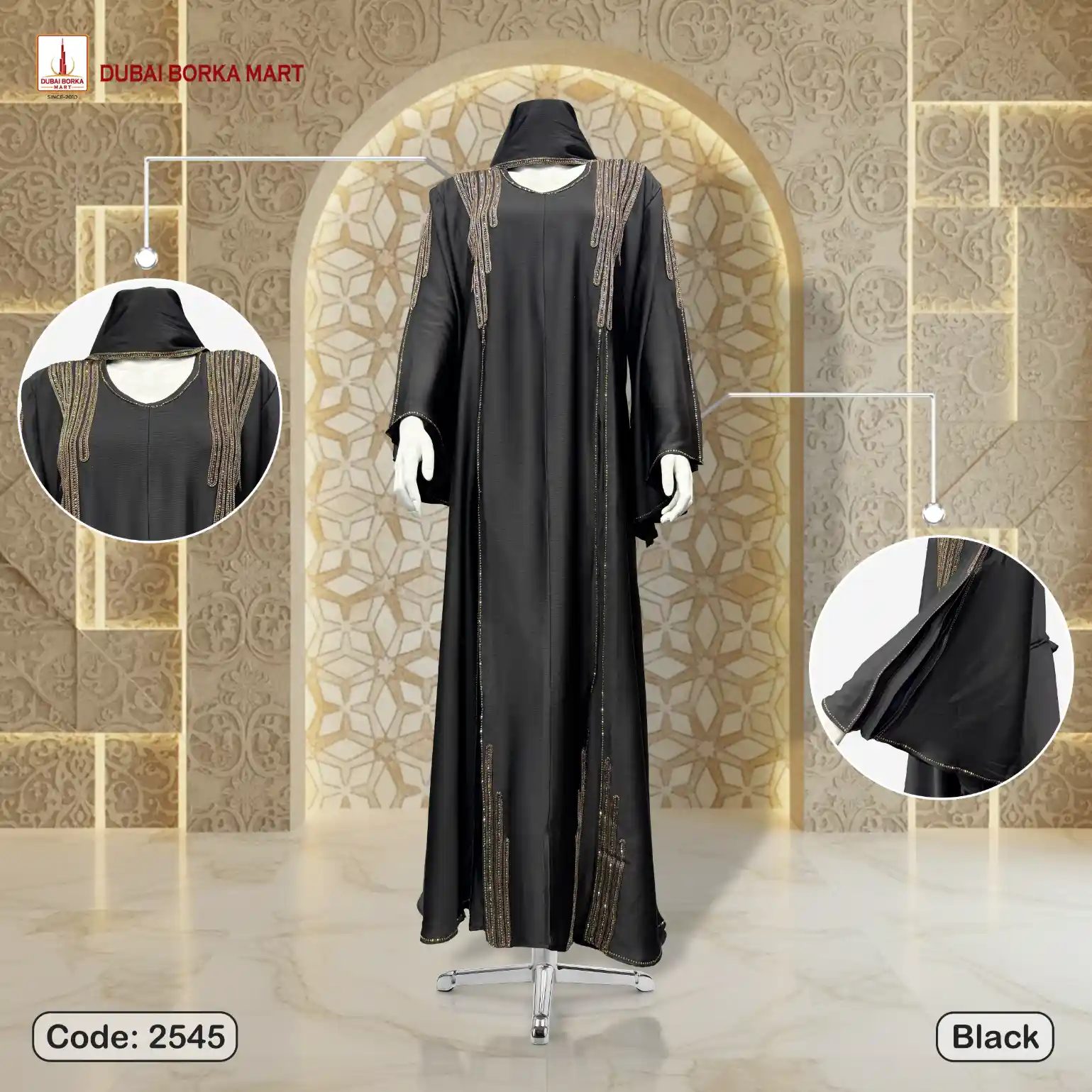 Premium Saffron Fabrics Borka With Thread Lace & Rainbow Stone Work - Code: 2545, Black