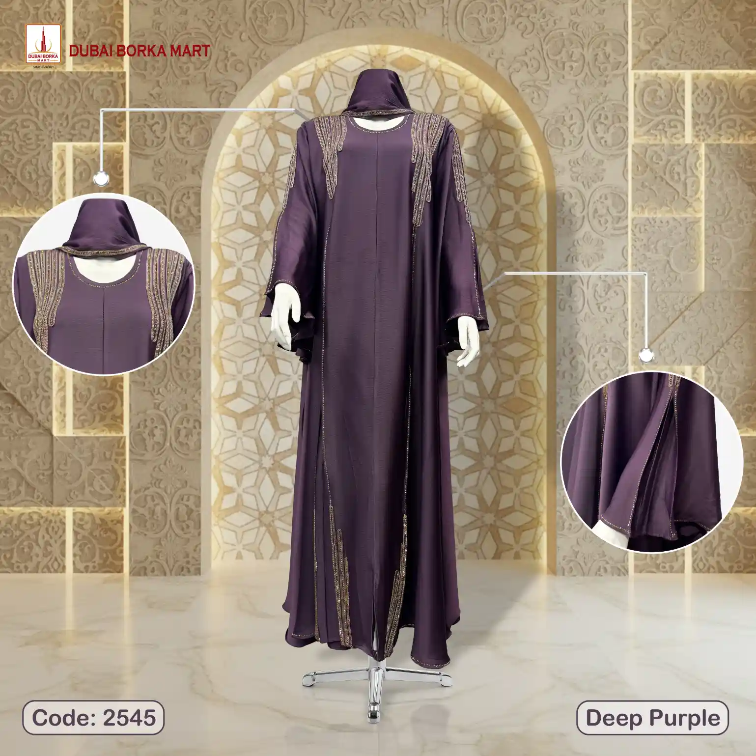 Premium Saffron Fabrics Borka With Thread Lace & Rainbow Stone Work - Code: 2545, Deep Purple