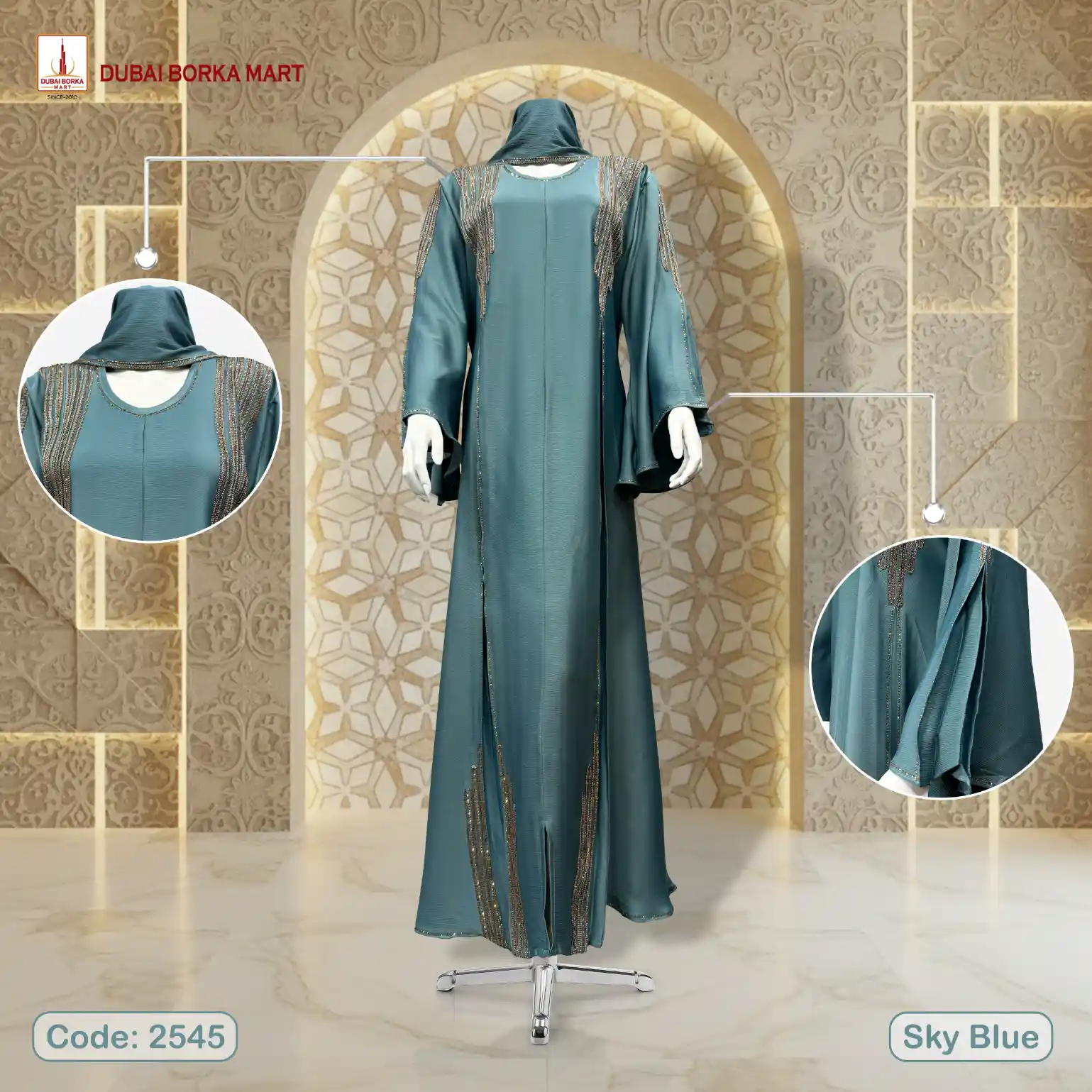 Premium Saffron Fabrics Borka With Thread Lace & Rainbow Stone Work - Code: 2545, Sky Blue