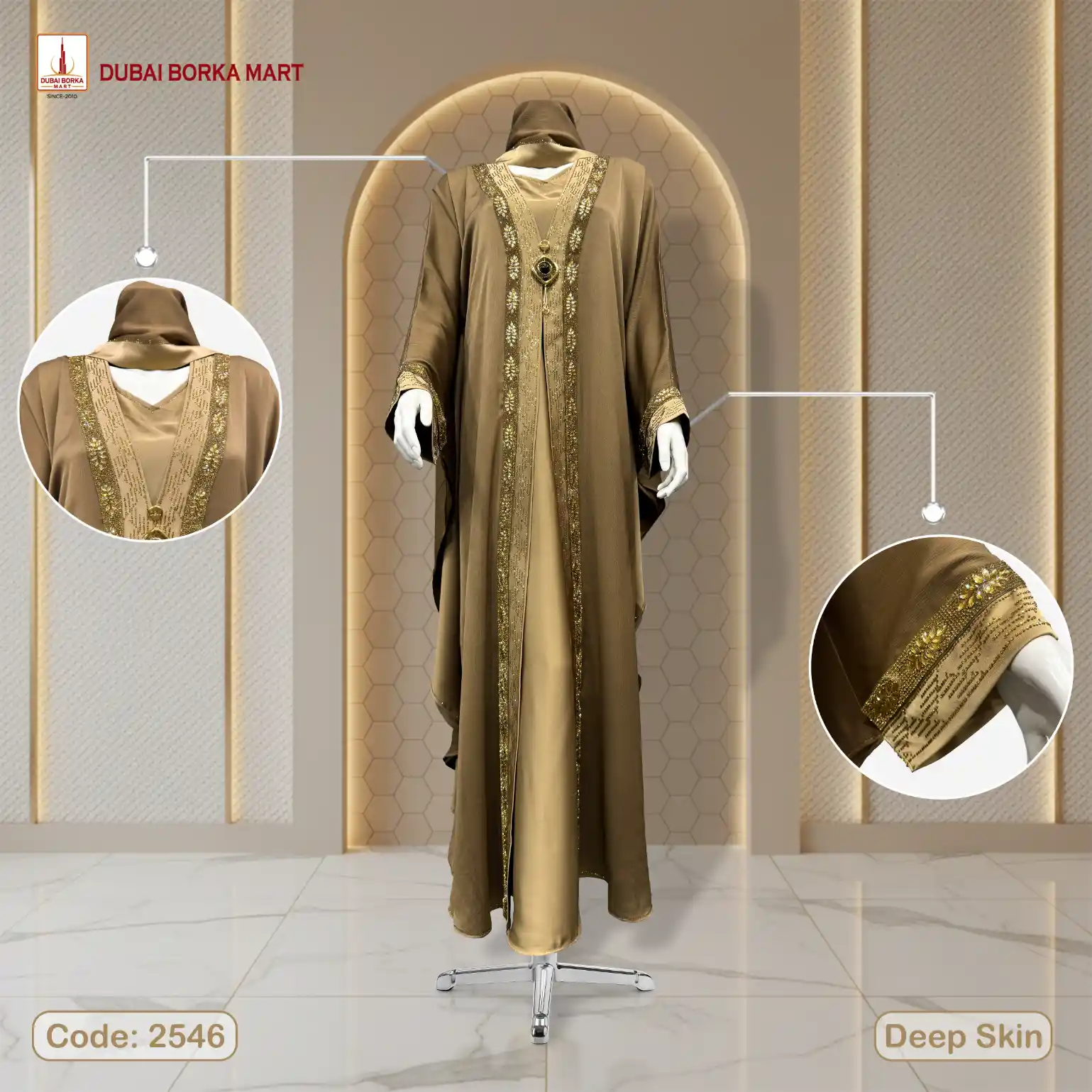 Premium Saffron Fabric 2-Part Abaya with Crystal Fabric Contrast, DMC & Lace Stone Work Code: 2546, Deep Skin