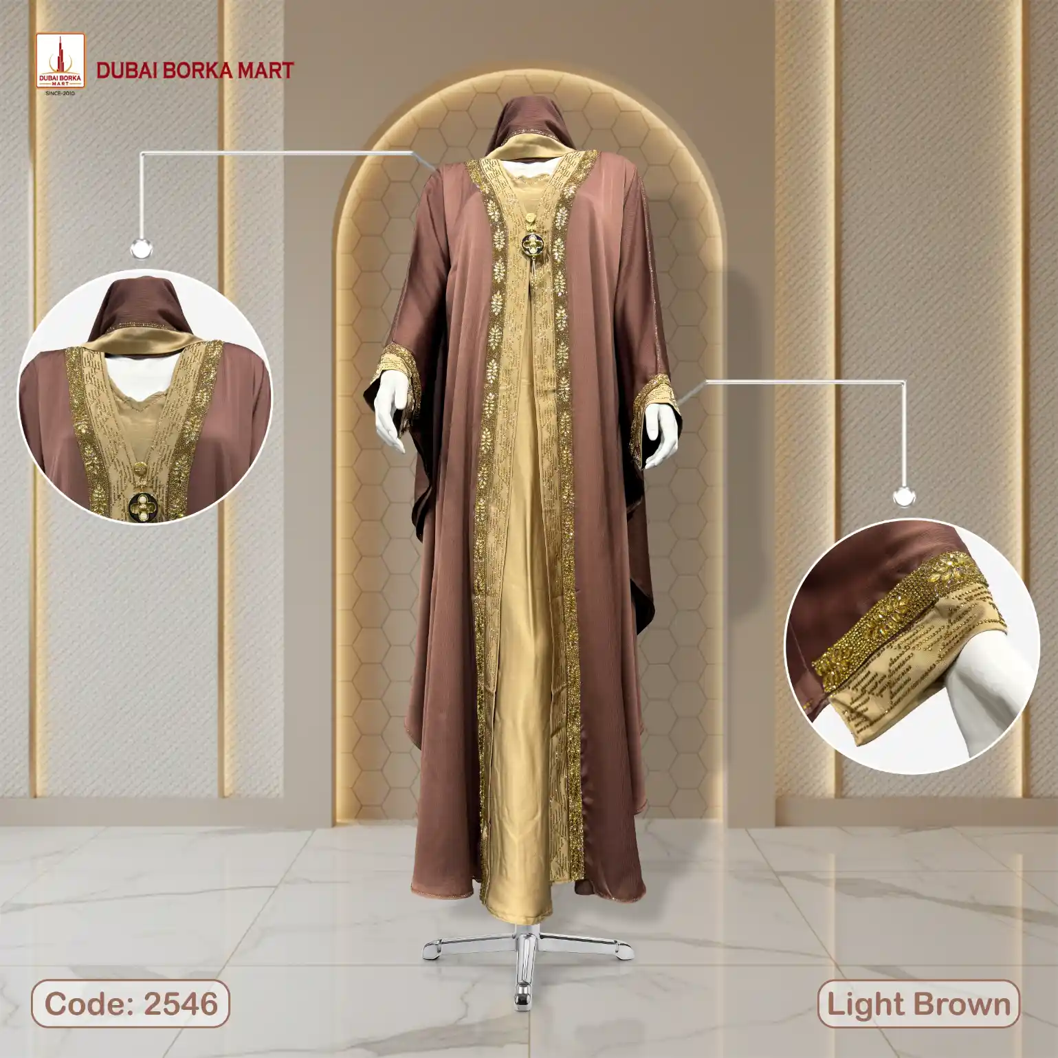Premium Saffron Fabric 2-Part Abaya with Crystal Fabric Contrast, DMC & Lace Stone Work Code: 2546, Light Brown