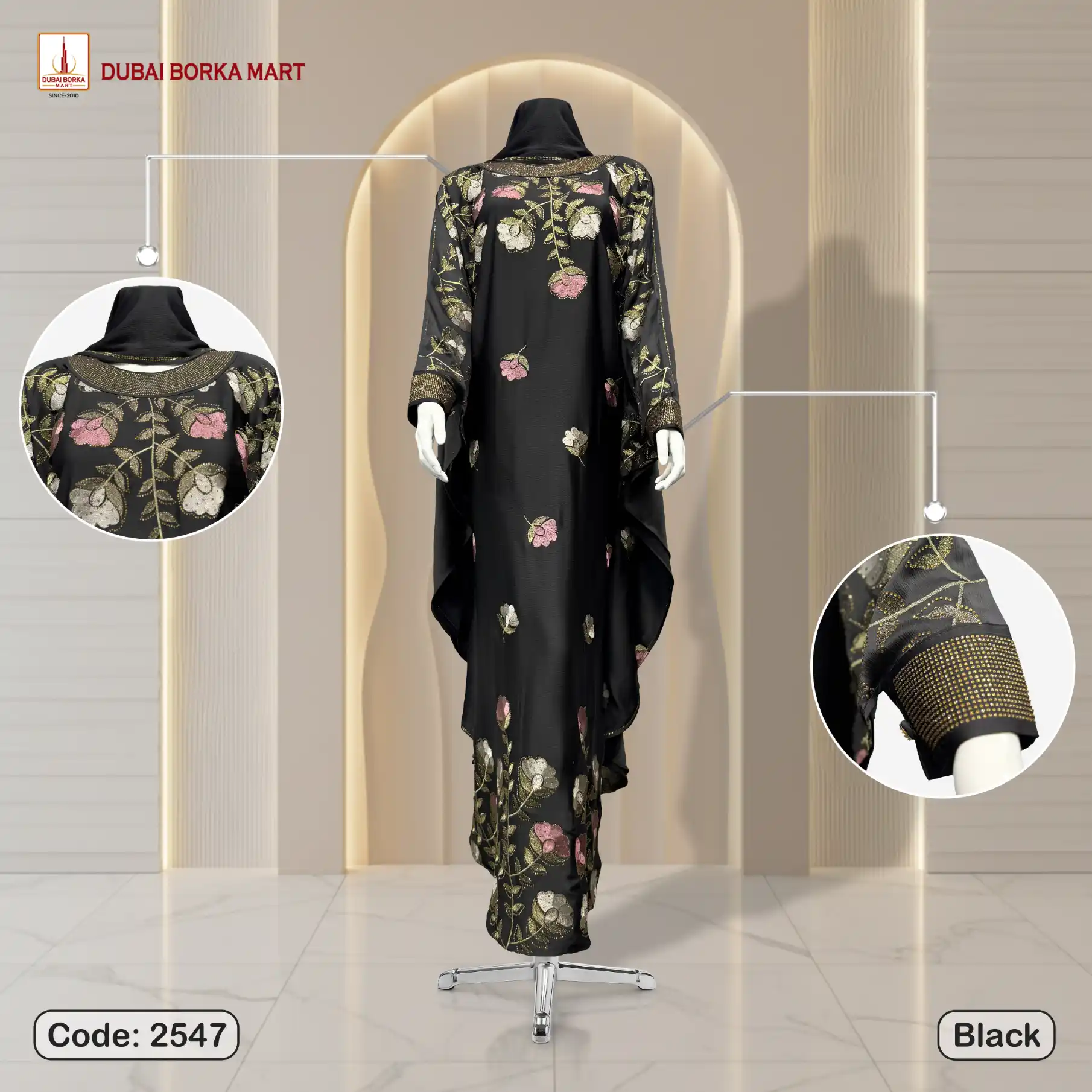 Premium Saffron Fabrics Abaya With Luxury Embroidery & DMC Stone Work - Code: 2547. Black