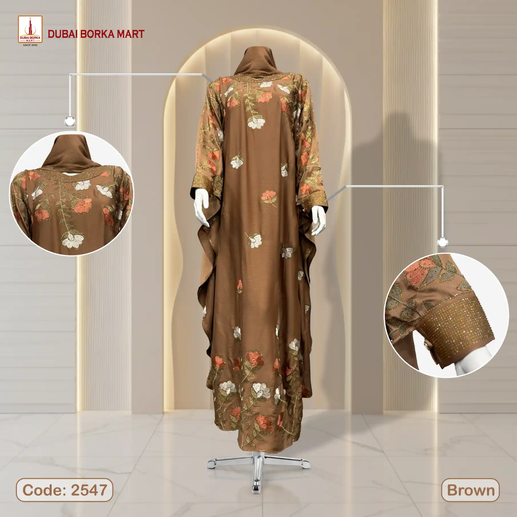 Premium Saffron Fabrics Abaya With Luxury Embroidery & DMC Stone Work - Code: 2547. Brown