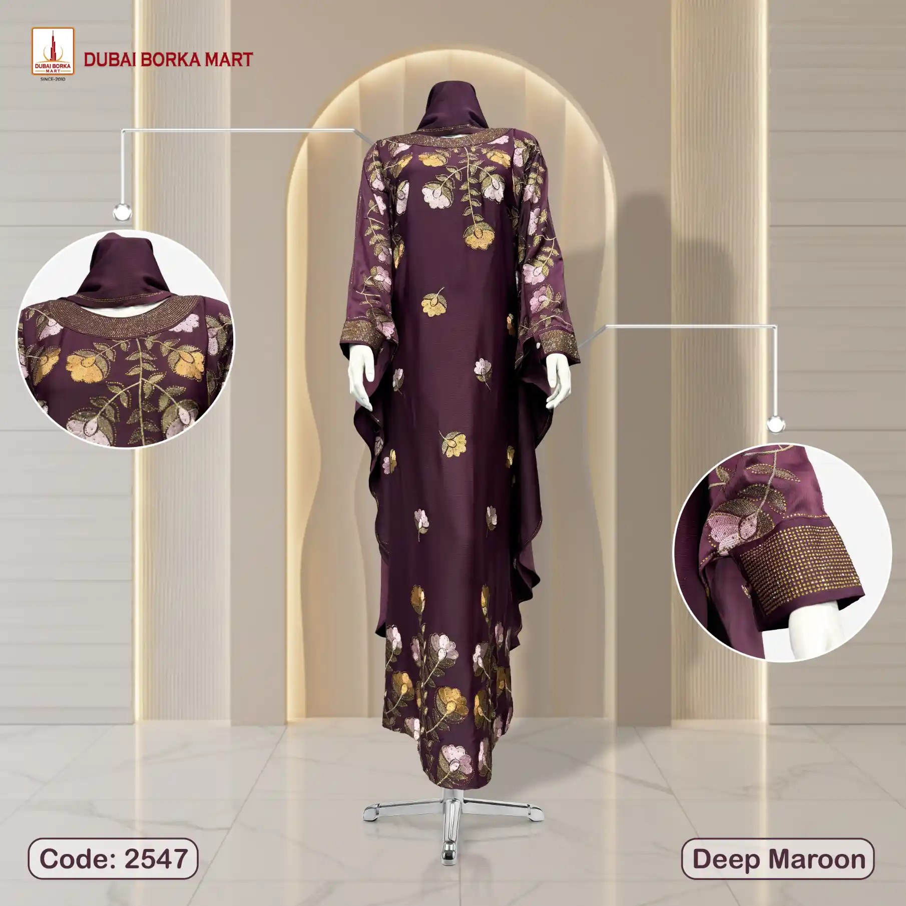 Premium Saffron Fabrics Abaya With Luxury Embroidery & DMC Stone Work - Code: 2547. Deep Maroon