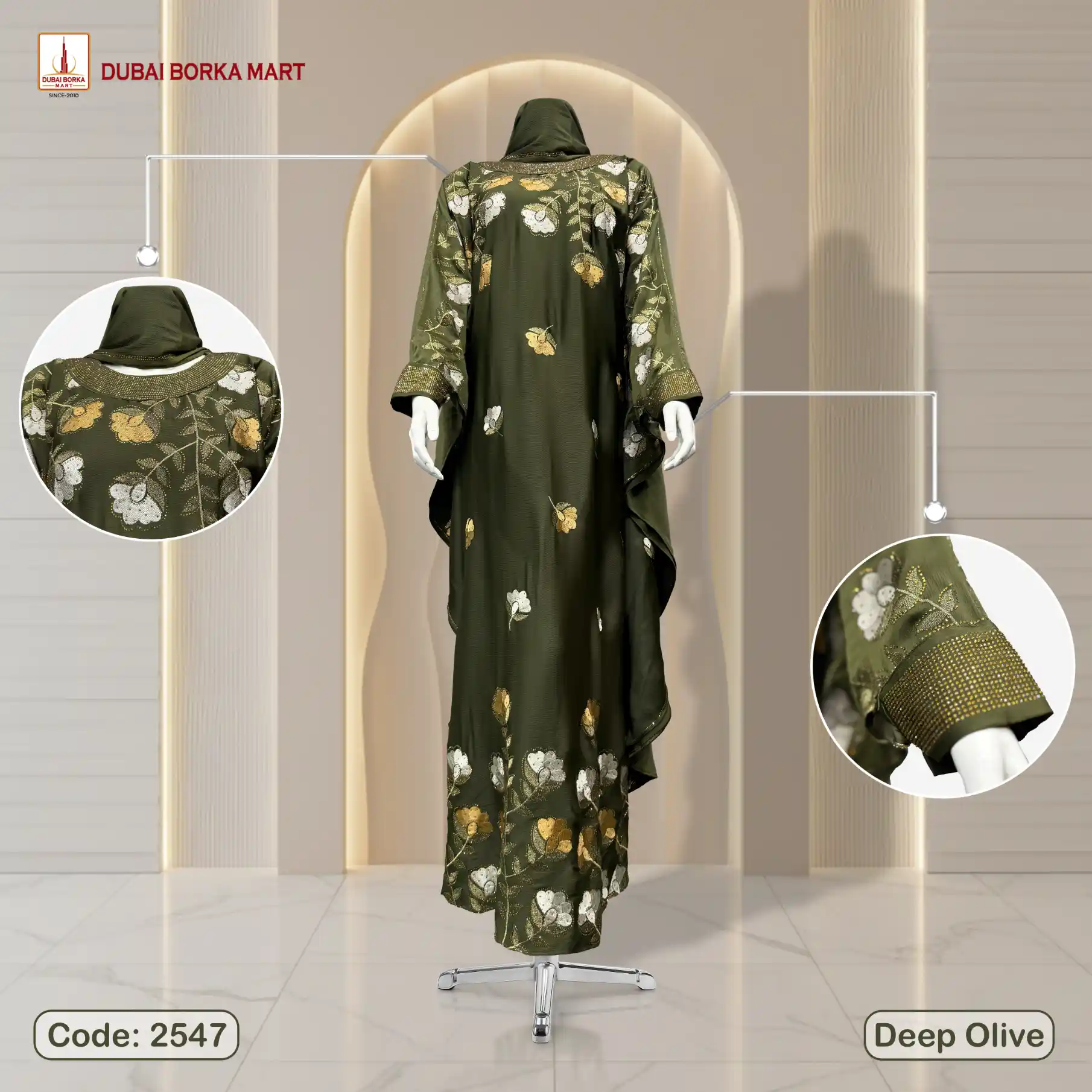 Premium Saffron Fabrics Abaya With Luxury Embroidery & DMC Stone Work - Code: 2547. Deep Olive