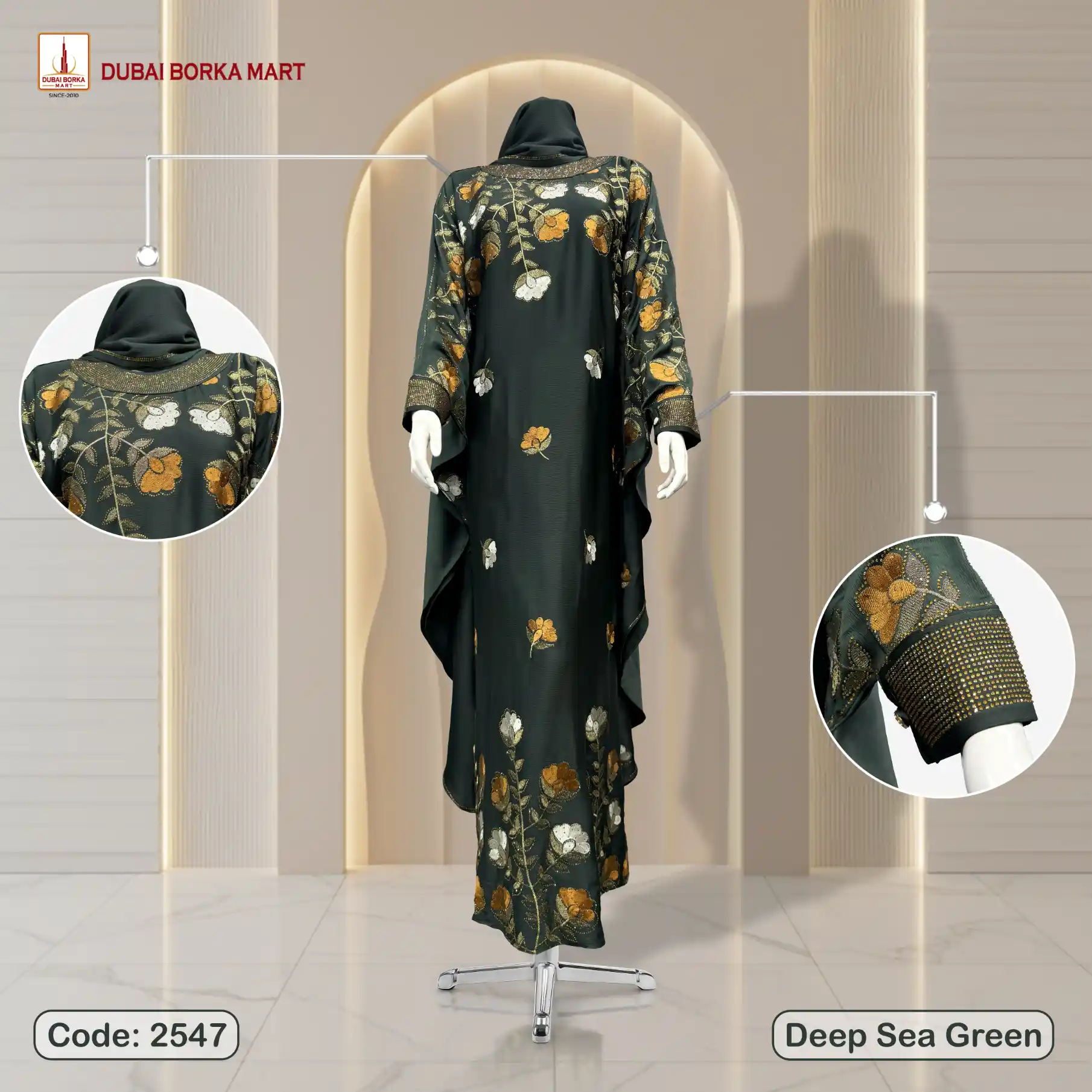 Premium Saffron Fabrics Abaya With Luxury Embroidery & DMC Stone Work - Code: 2547. Deep Sea Green