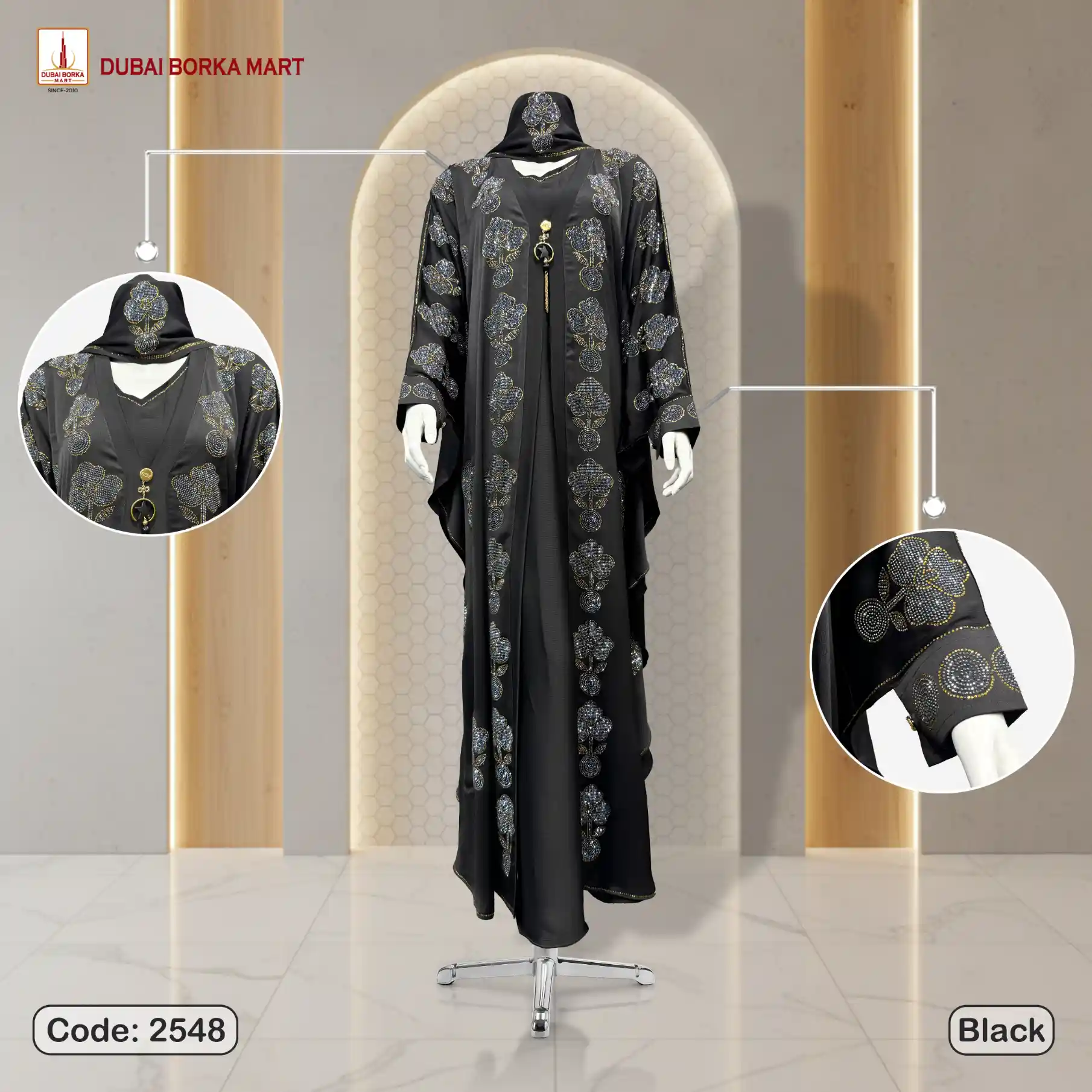 Premium Saffron Fabrics 2 Part Abaya With Rose Stone & 12 Cut DMC Stone Work - Code: 2548, Black