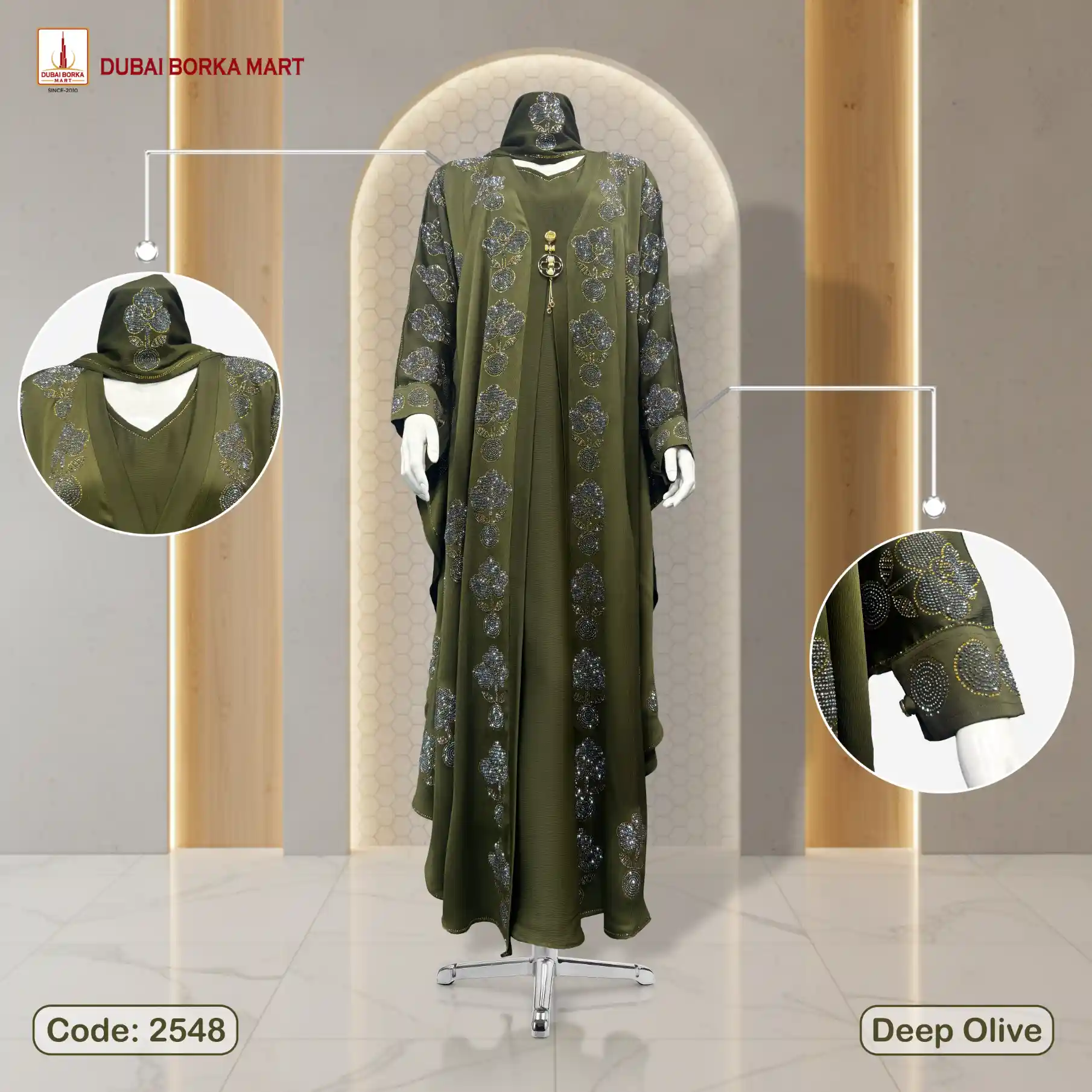 Premium Saffron Fabrics 2 Part Abaya With Rose Stone & 12 Cut DMC Stone Work - Code: 2548, Deep Olive