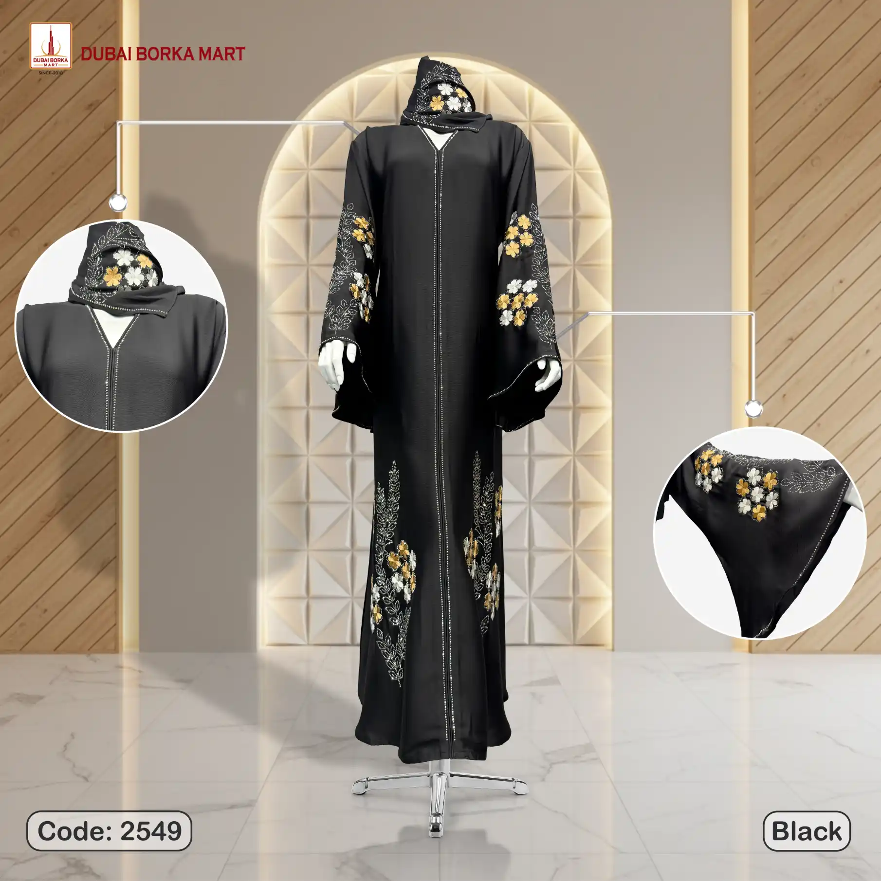 Premium Saffron Fabrics Handwork Embroidery Borka With Rose Stone Work - Code: 2549, Black