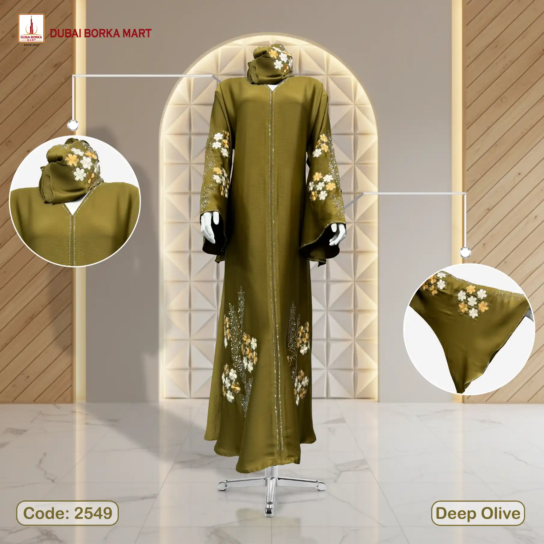 Premium Saffron Fabrics Handwork Embroidery Borka With Rose Stone Work - Code: 2549, Deep Olive