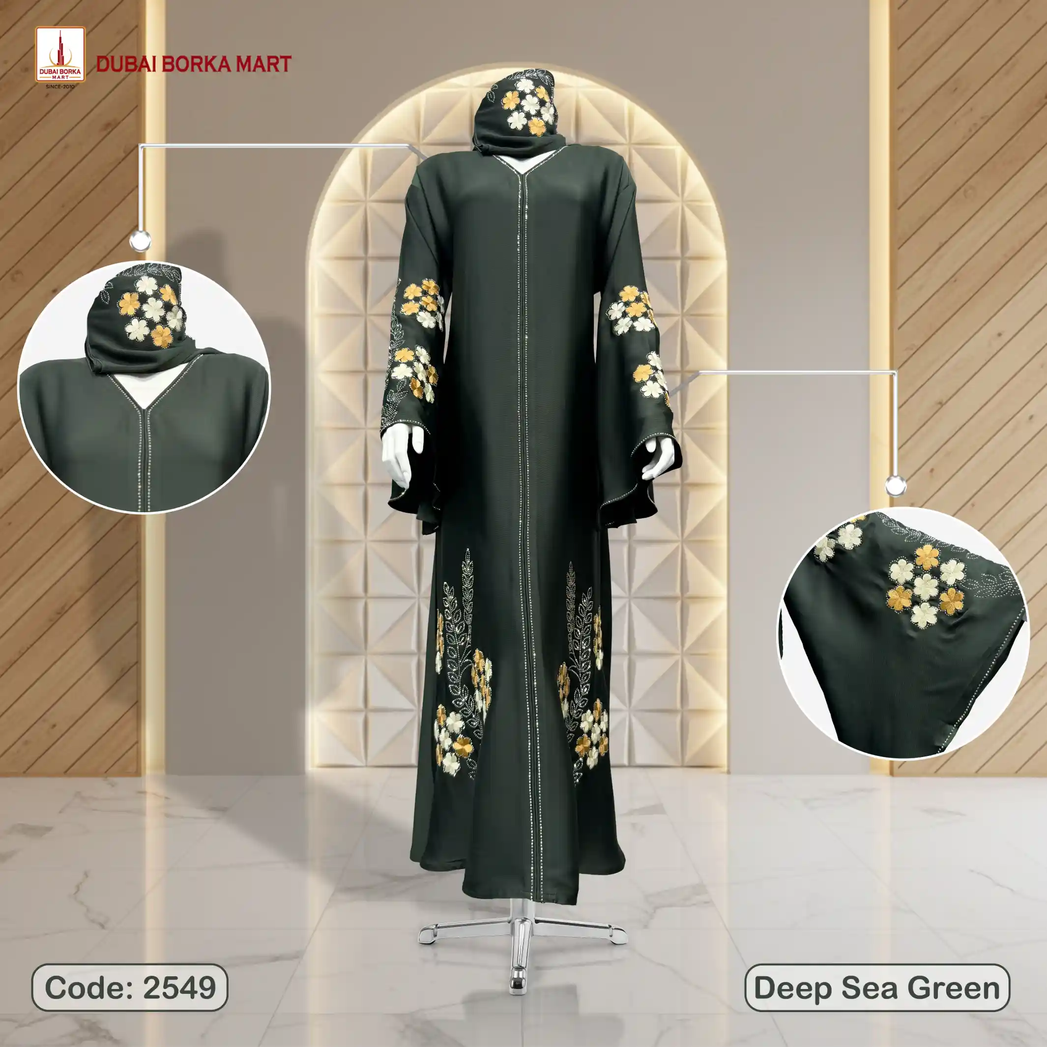 Premium Saffron Fabrics Handwork Embroidery Borka With Rose Stone Work - Code: 2549, Deep Sea Green