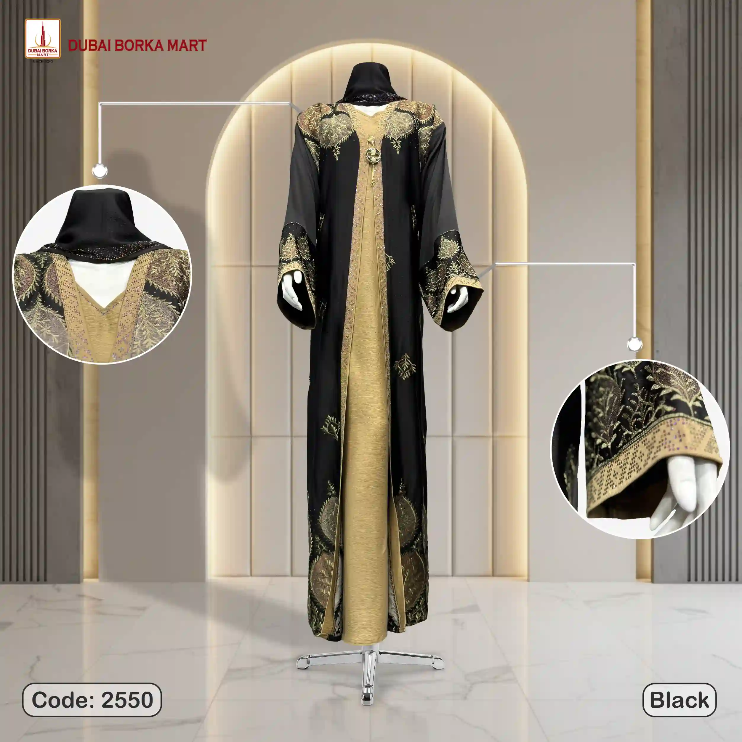 Premium Saffron Fabrics Luxury Embroidery Borka With MC Stone Work - Code: 2550, Black