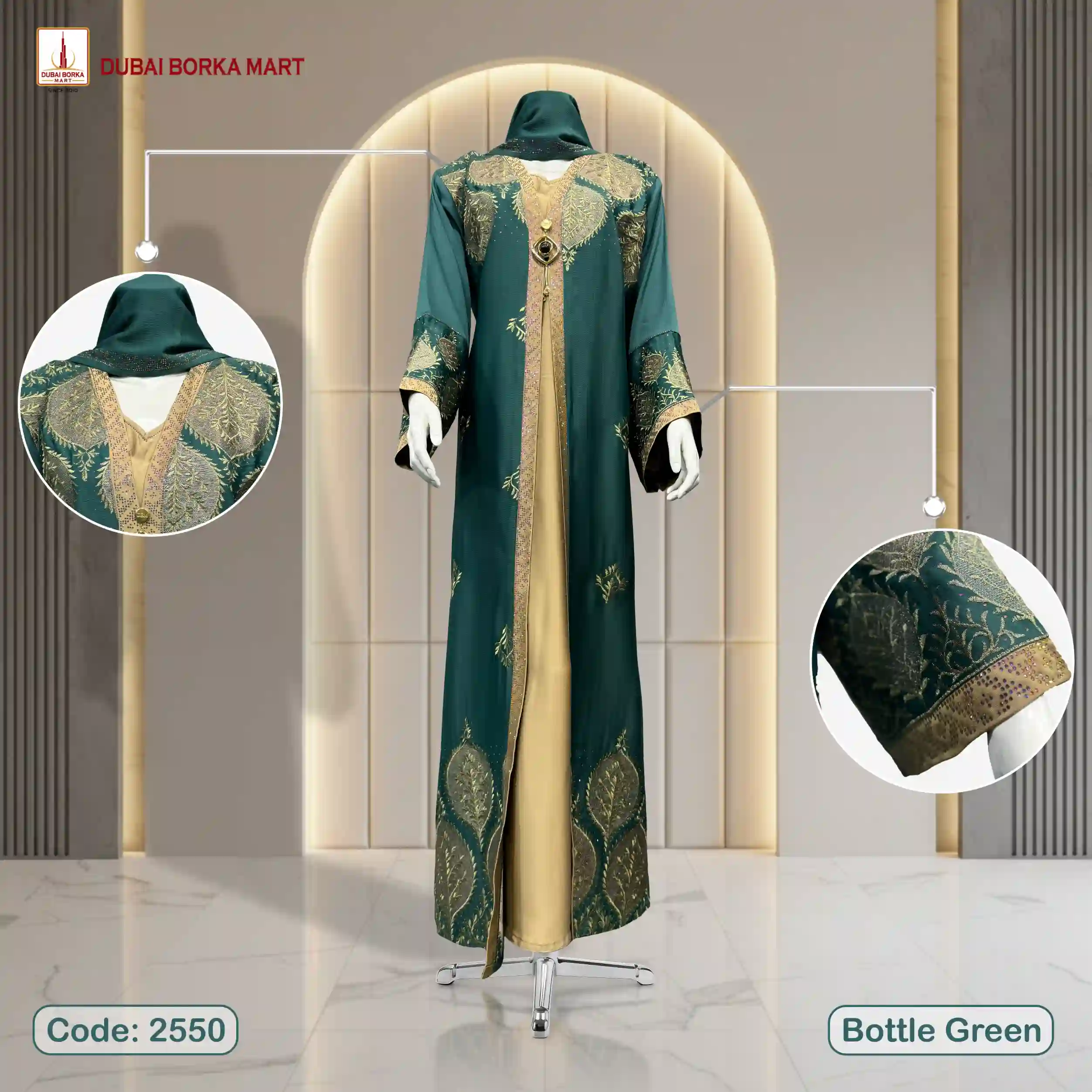 Premium Saffron Fabrics Luxury Embroidery Borka With MC Stone Work - Code: 2550, Bottle Green