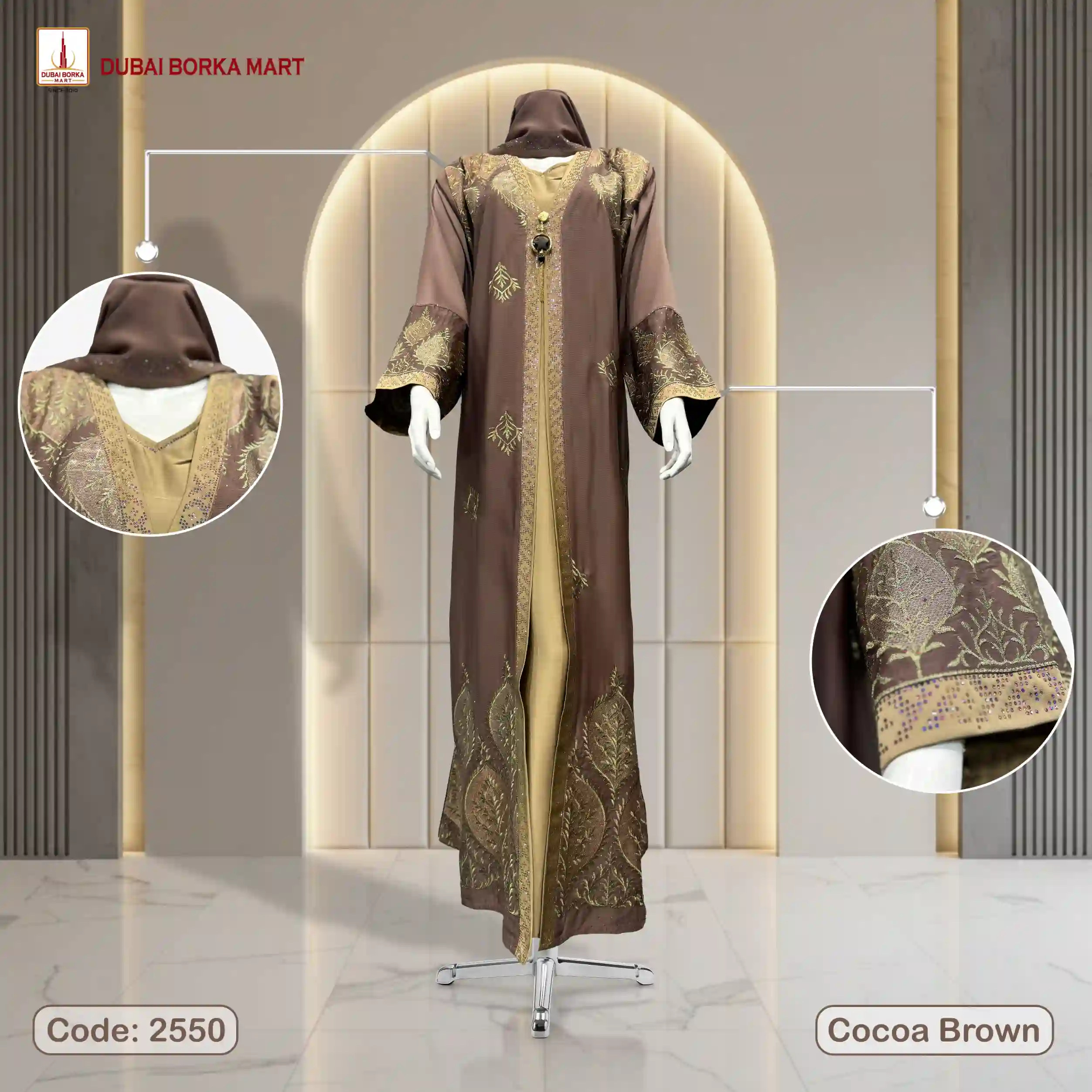 Premium Saffron Fabrics Luxury Embroidery Borka With MC Stone Work - Code: 2550, Cocoa Brown