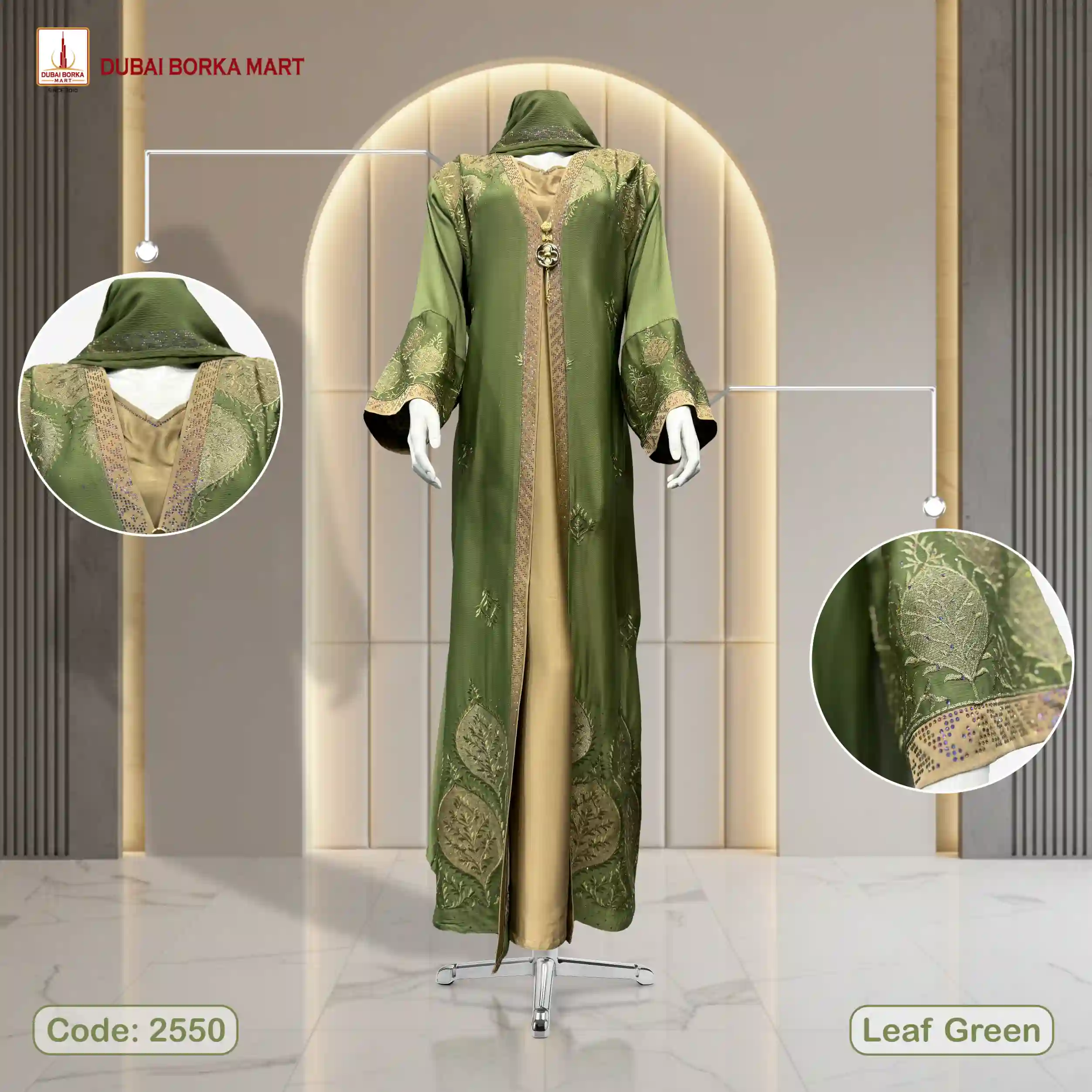 Premium Saffron Fabrics Luxury Embroidery Borka With MC Stone Work - Code: 2550, Leaf Green