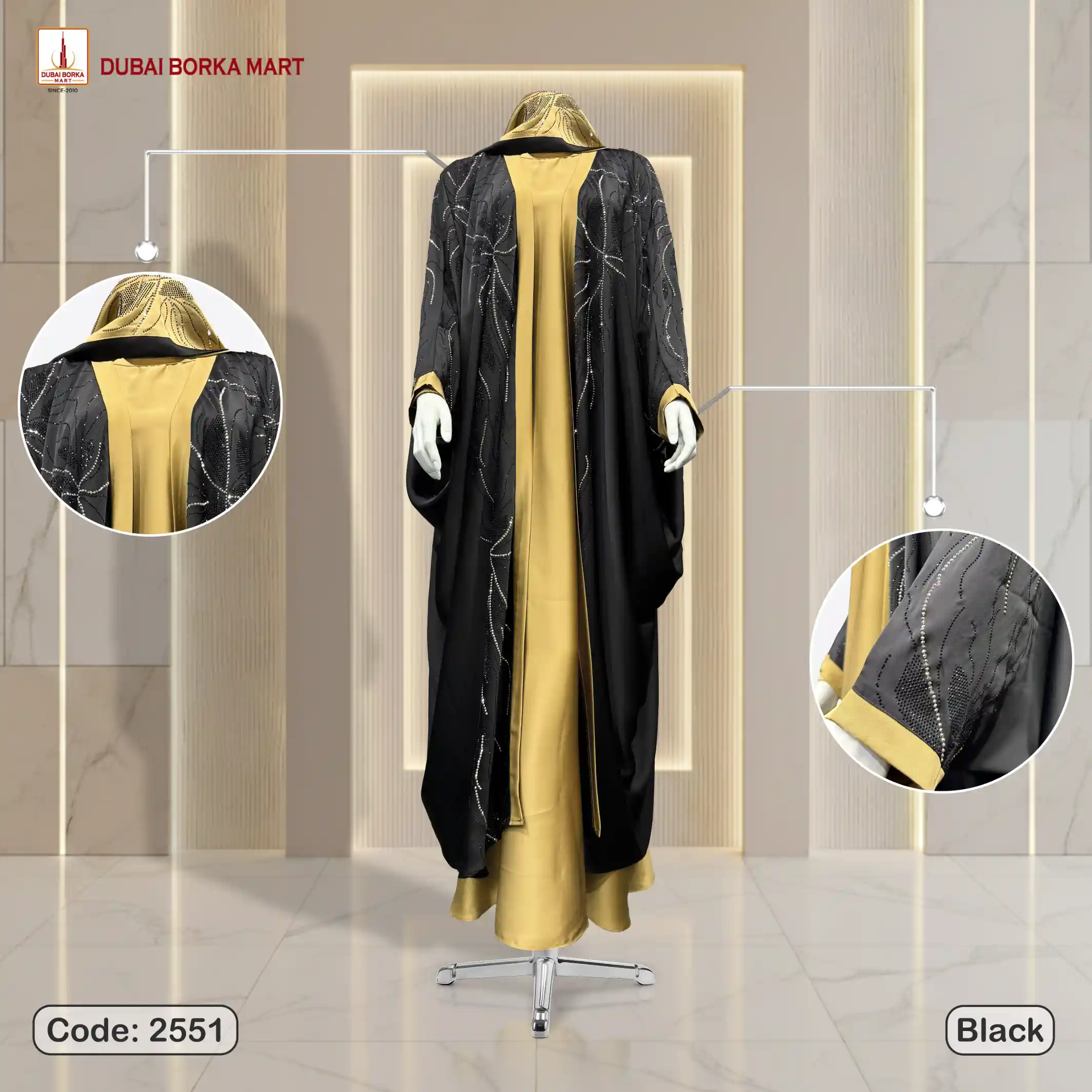 Premium Crystal Fabrics Farasha Design Abaya With MC & DMC Stone Work- Code: 2551, Black