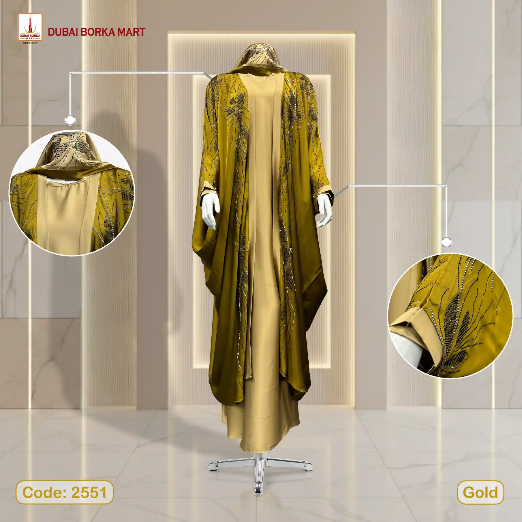 Premium Crystal Fabrics Farasha Design Abaya With MC & DMC Stone Work- Code: 2551, Gold