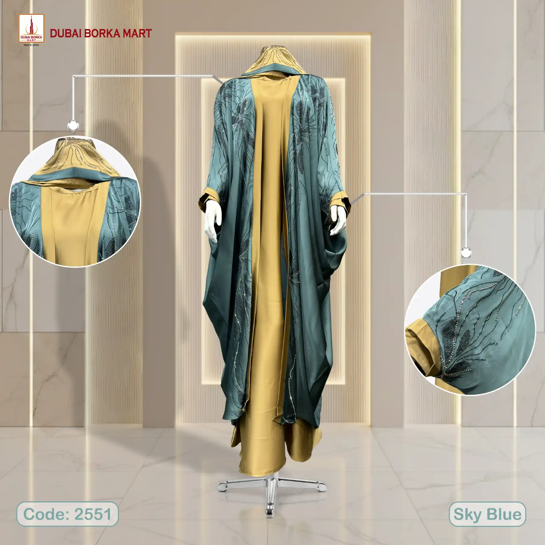 Premium Crystal Fabrics Farasha Design Abaya With MC & DMC Stone Work- Code: 2551, Sky Blue