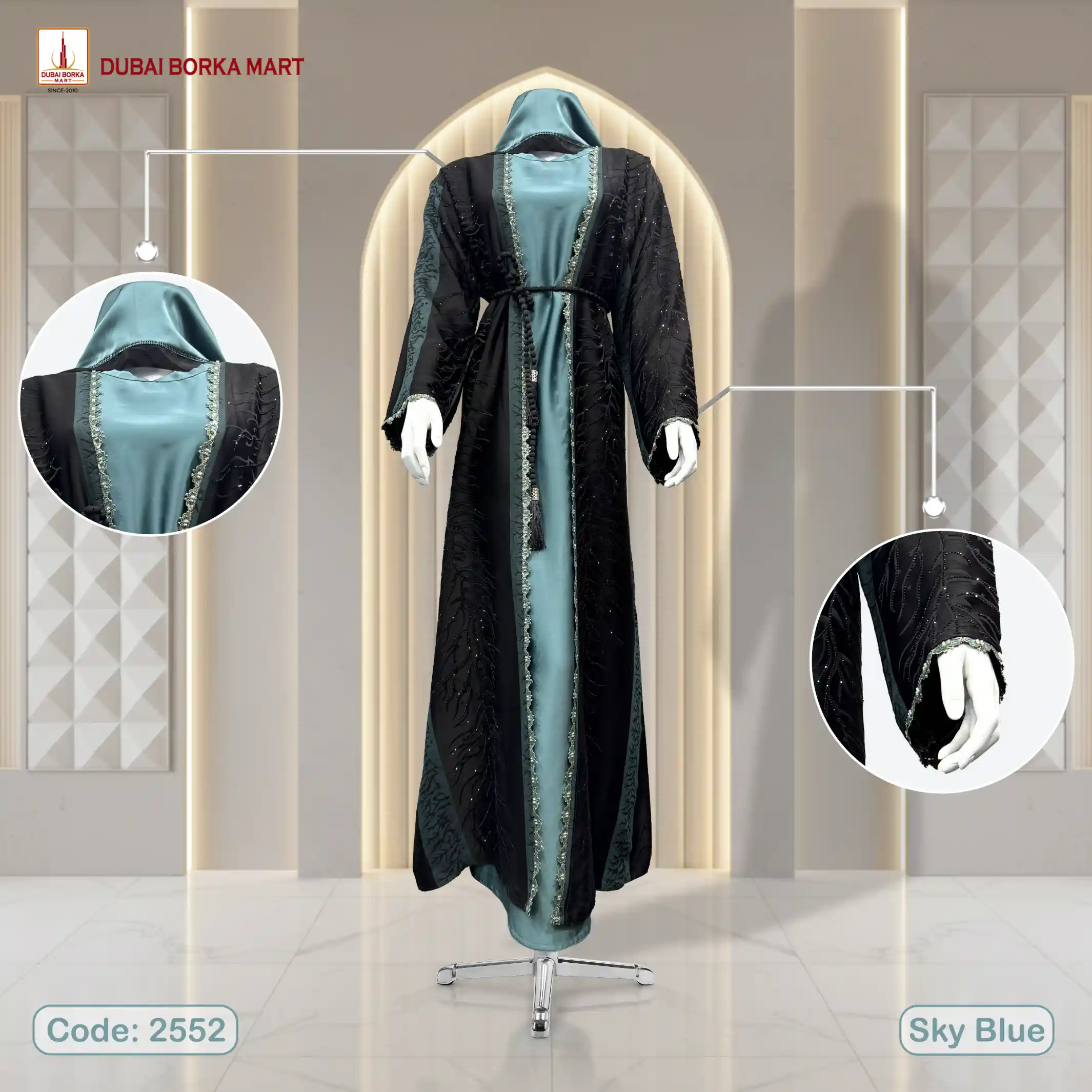 Premium Fukro H Stripe Fabrics Extra Koti Borka With Karchupi & DMC Stone Work- Code: 2552, Sky Blue