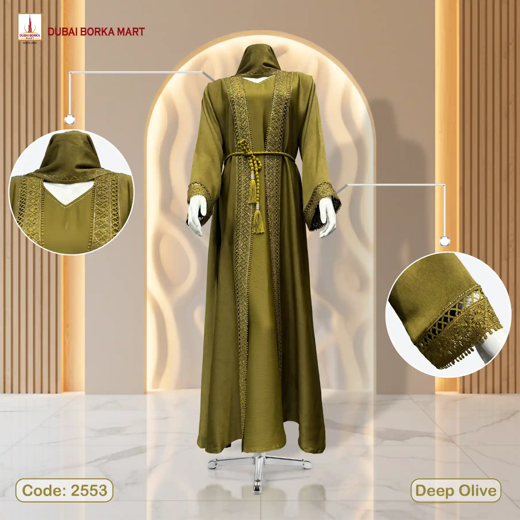 Premium Saffron Print Fabrics Extra Koti Borka With Dubai Lace & MC Stone Work- Code: 2553, Deep Olive