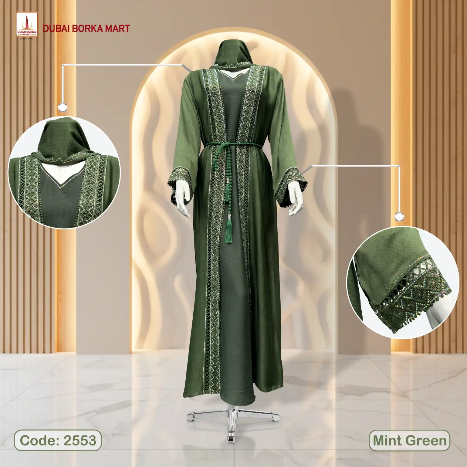 Premium Saffron Print Fabrics Extra Koti Borka With Dubai Lace & MC Stone Work- Code: 2553, Mint Green
