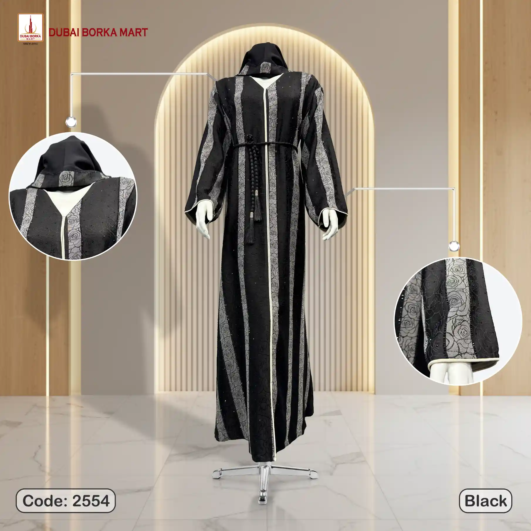 Premium Maxwell R Fabrics Black Borka With DMC Stone Work- Code: 2554