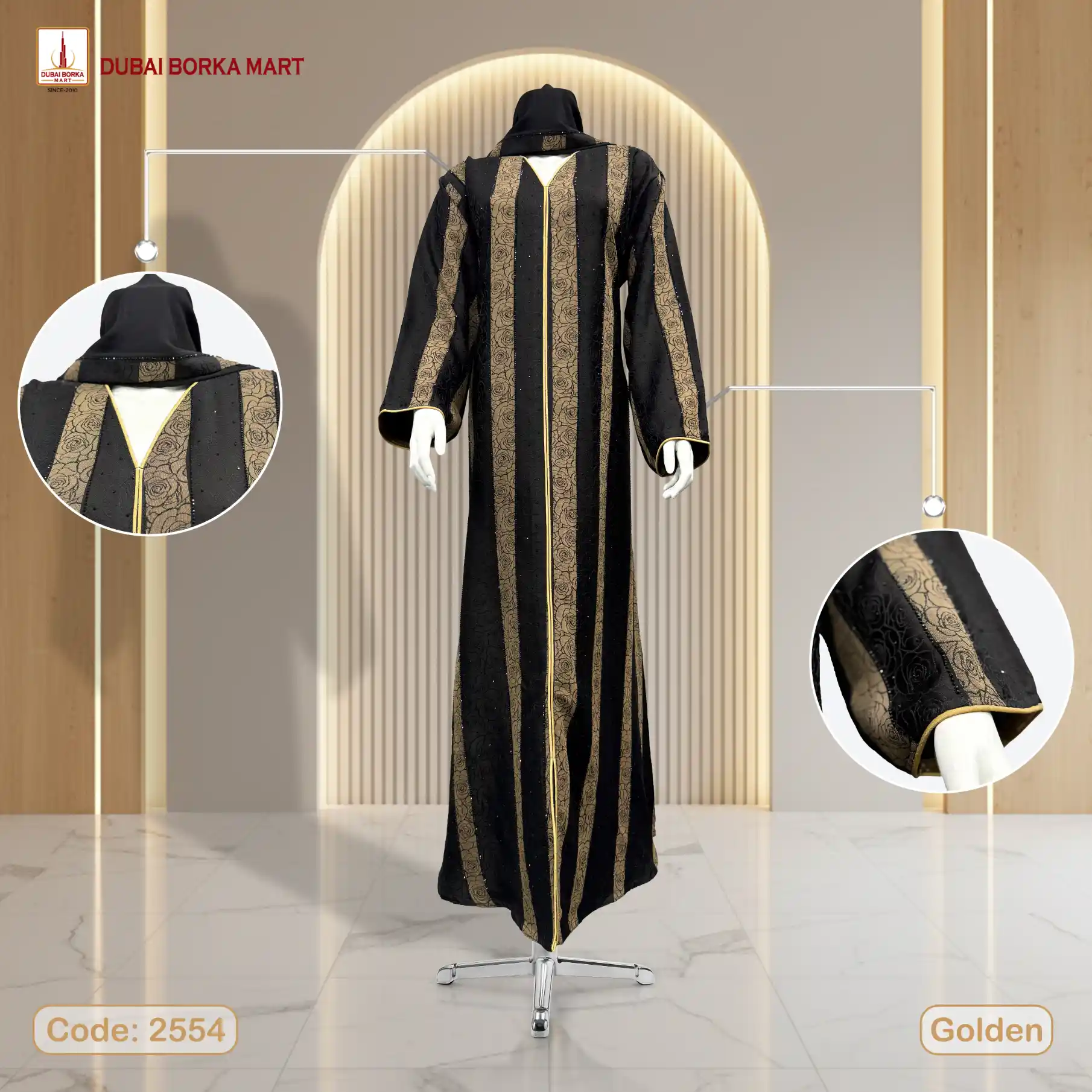Premium Maxwell R Fabrics Golden Borka With DMC Stone Work- Code: 2554