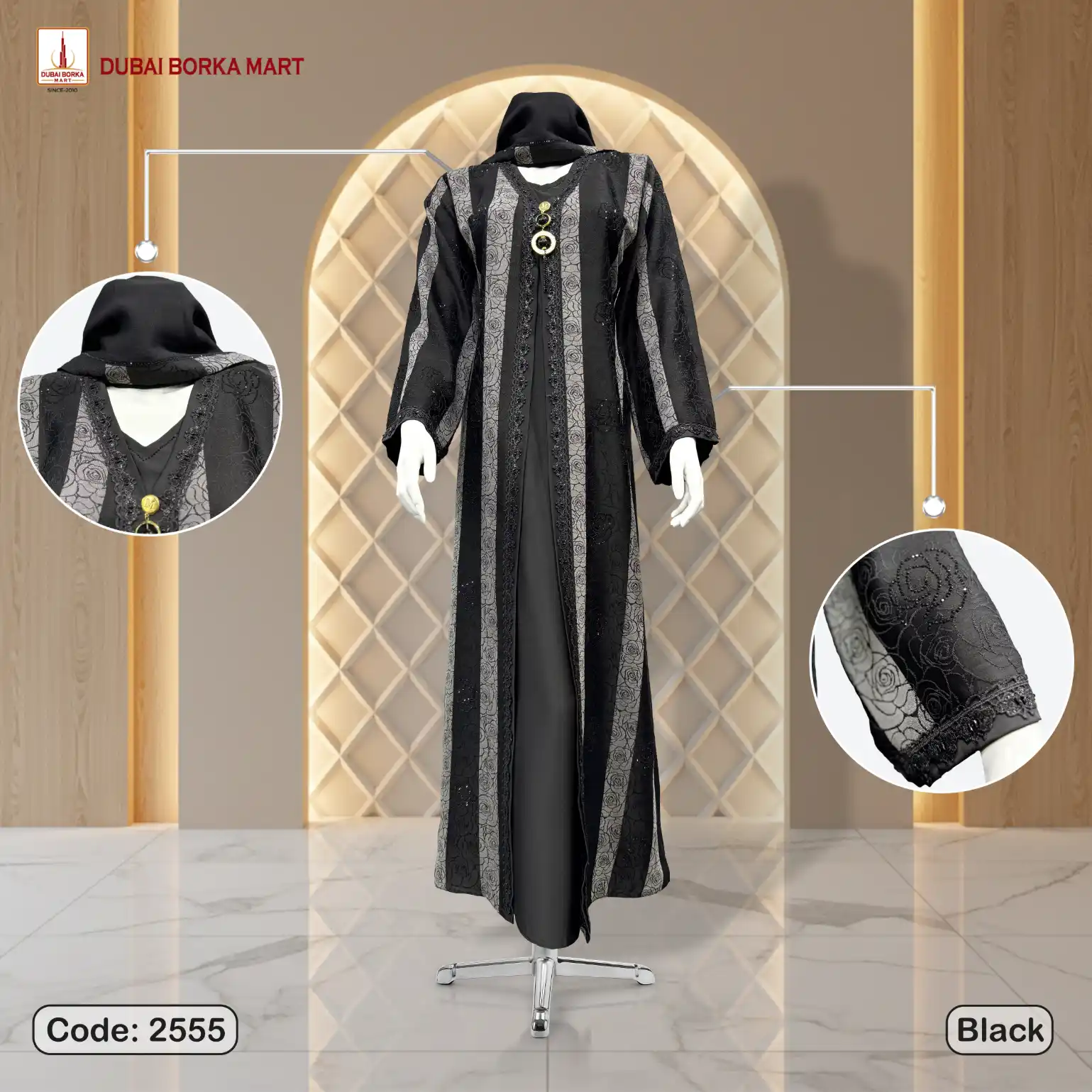 Premium Maxwell R Fabrics 2 Part Black Borka With Karchupi Lace & DMC Stone Work- Code: 2555