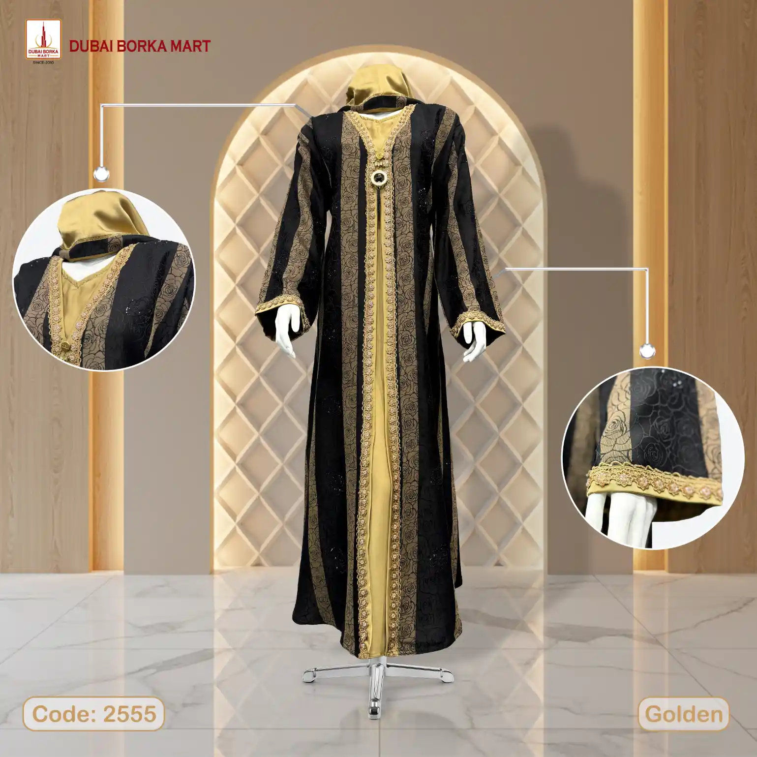 Premium Maxwell R Fabrics 2 Part Golden Borka With Karchupi Lace & DMC Stone Work- Code: 2555
