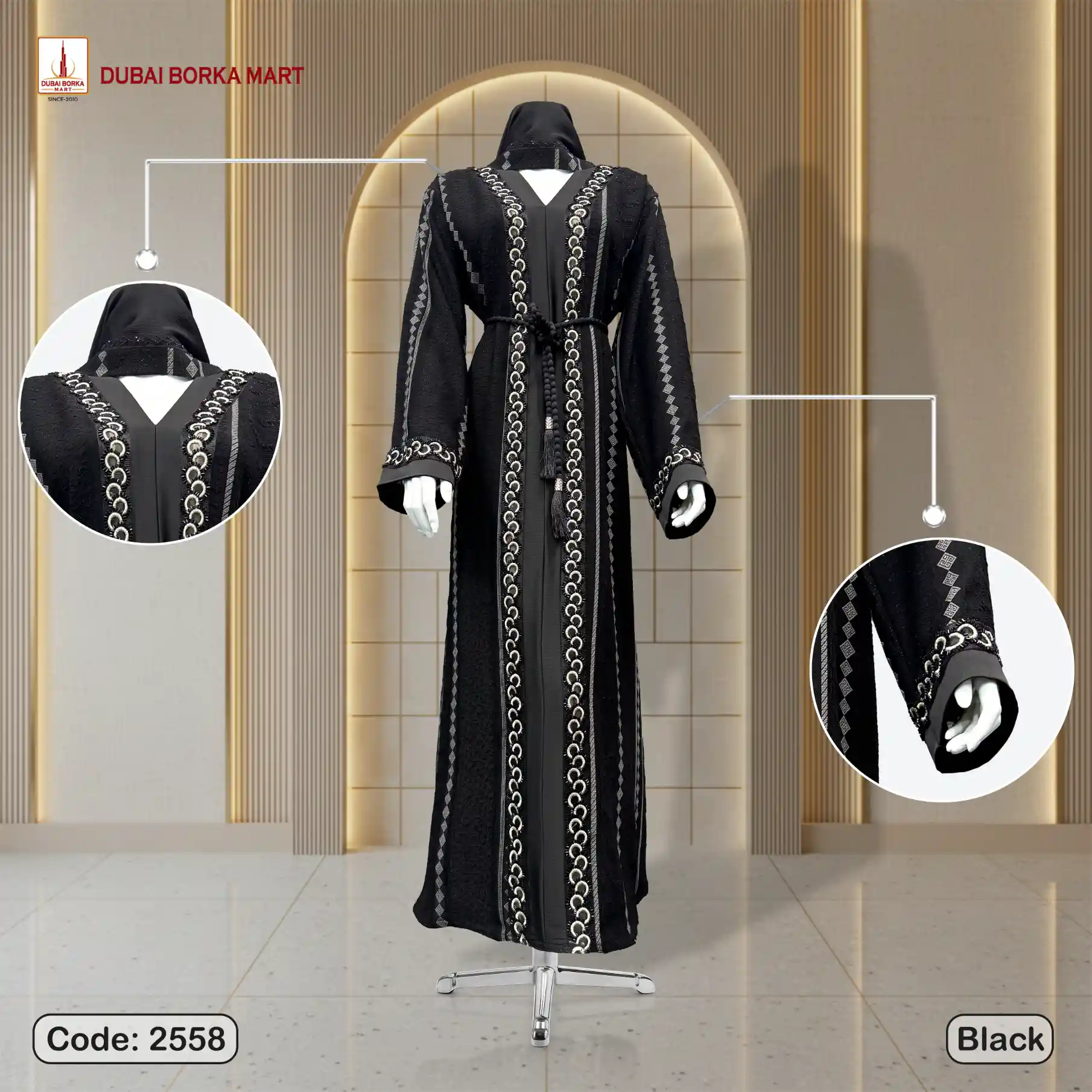Premium Rayon Fukro Uragiri Metalic Fabrics Black Borka With DMC Stone & Karchupi Lace Work- Code: 2558