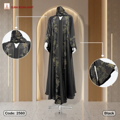 Premium Saffron Fabrics Black Borka Design With DMC & Rose Stone Work - Code: 2560