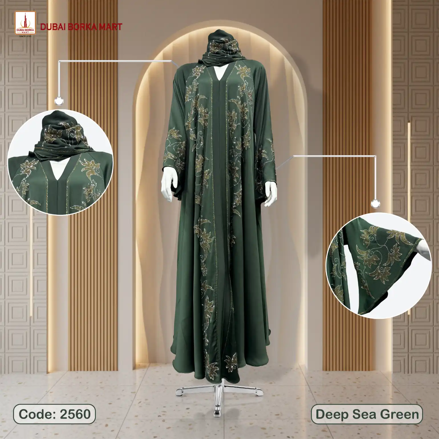 Premium Saffron Fabrics Deep Sea Green Borka With DMC & Rose Stone Work- Code: 2560