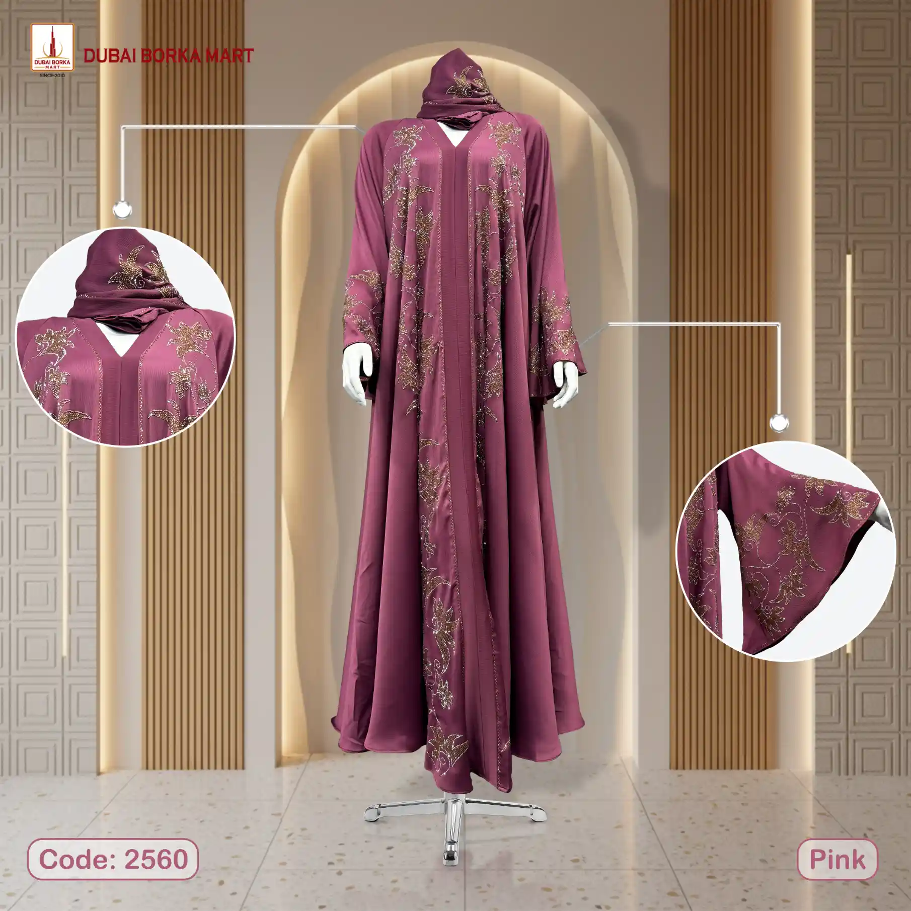 Premium Saffron Fabrics Pink Borka With DMC & Rose Stone Work - Code: 2560