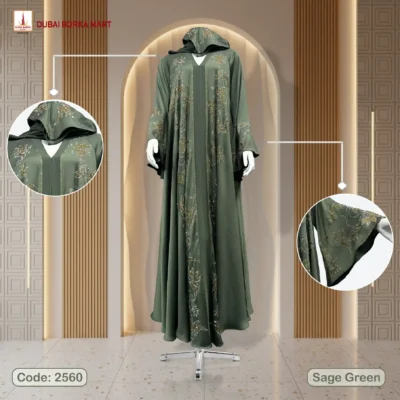 Premium Saffron Fabrics Sage Green Borka With DMC & Rose Stone Work - Code: 2560