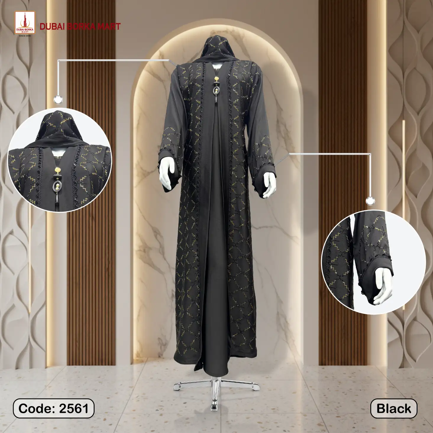 Black borka design with karchupi lace code 2561 dubai borka mart
