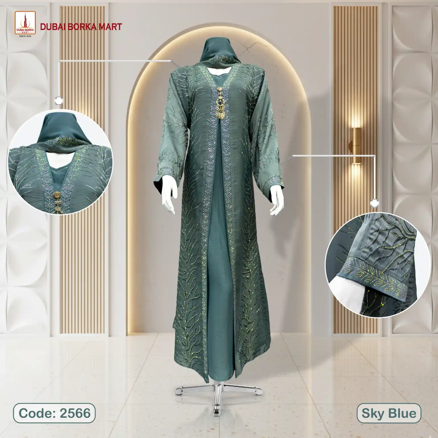 Wonderful Metallic Fabrics 2 Part Sky Blue Borka Design Code 2566